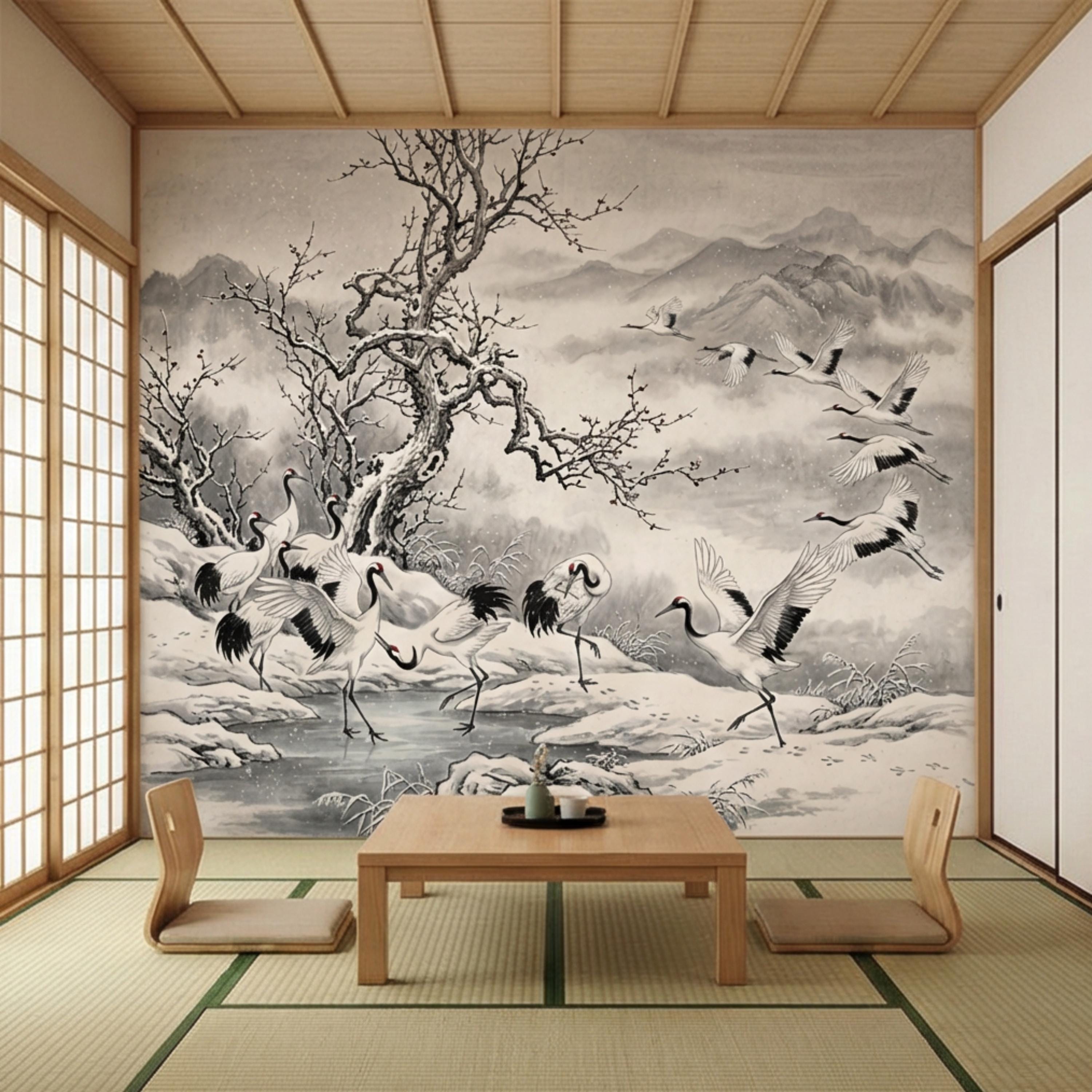 Japanese Crane Winter Landscape Peel and Stick Wall Mural, Chinoiserie Ink Wash Mountain Scene Wallpaper, Zen Asian Wall Decor