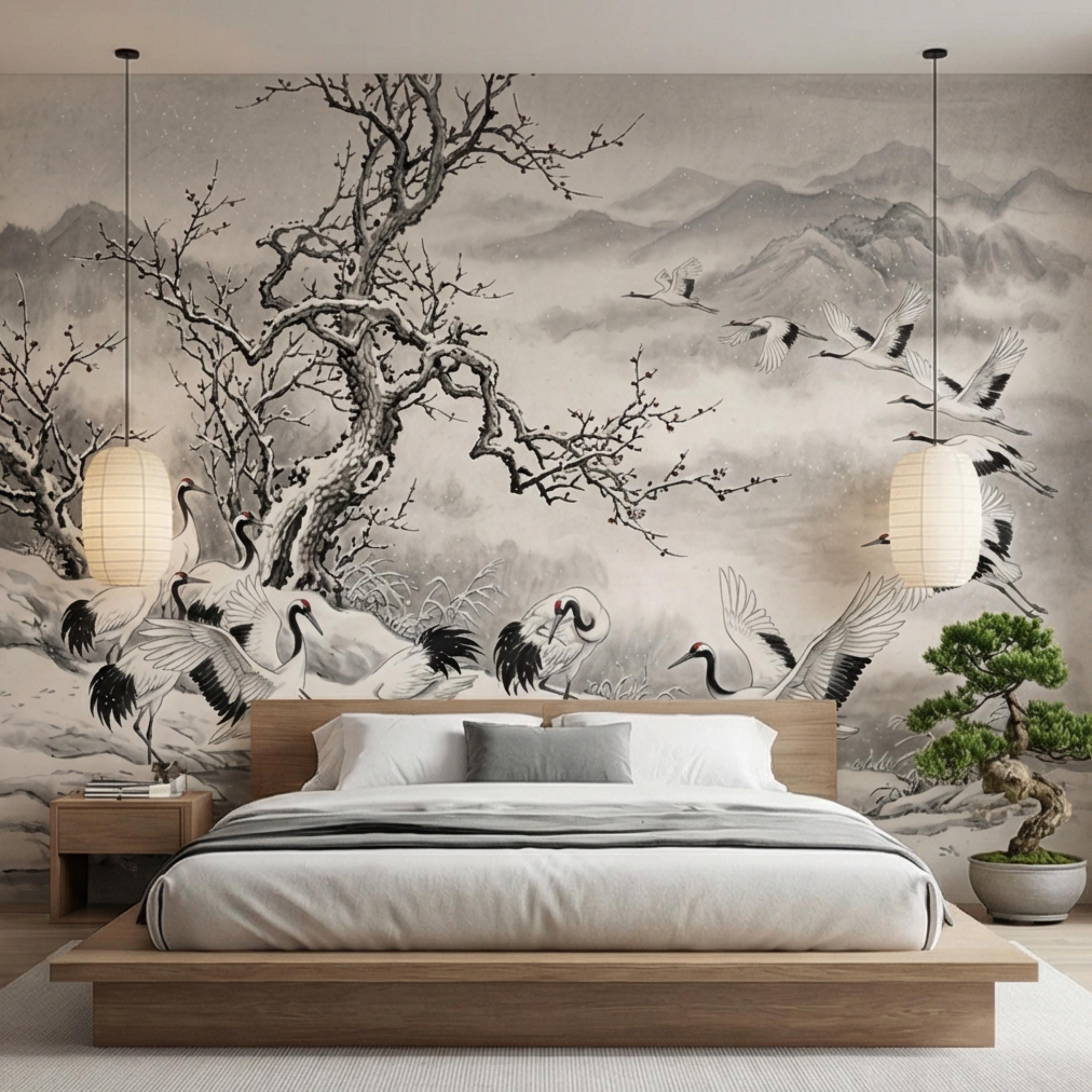 Japanese Crane Winter Landscape Peel and Stick Wall Mural, Chinoiserie Ink Wash Mountain Scene Wallpaper, Zen Asian Wall Decor