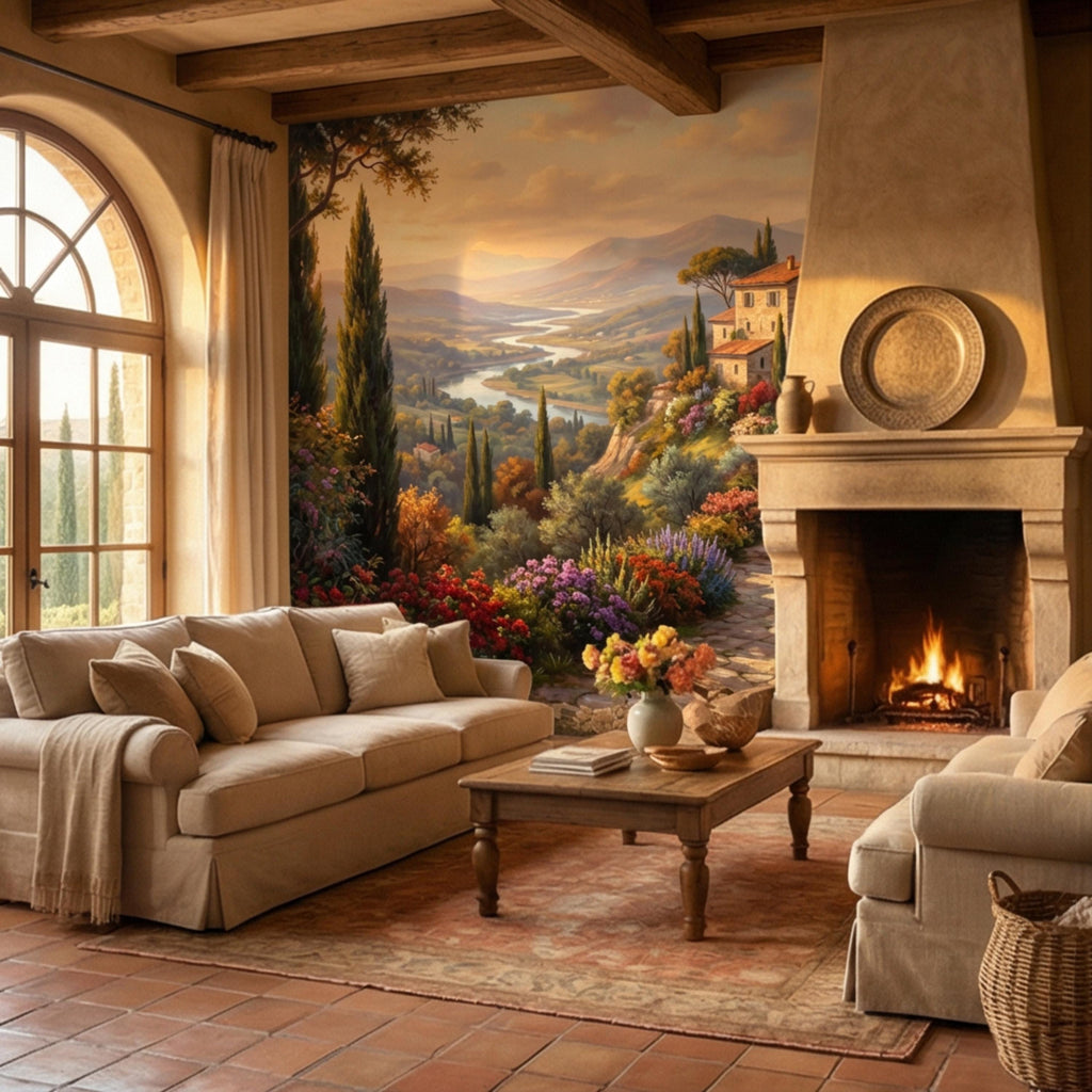 Tuscan Countryside Peel and Stick Wall Mural, Italian Villa Landscape Wallpaper, Rustic Mediterranean Sunset Wall Decor