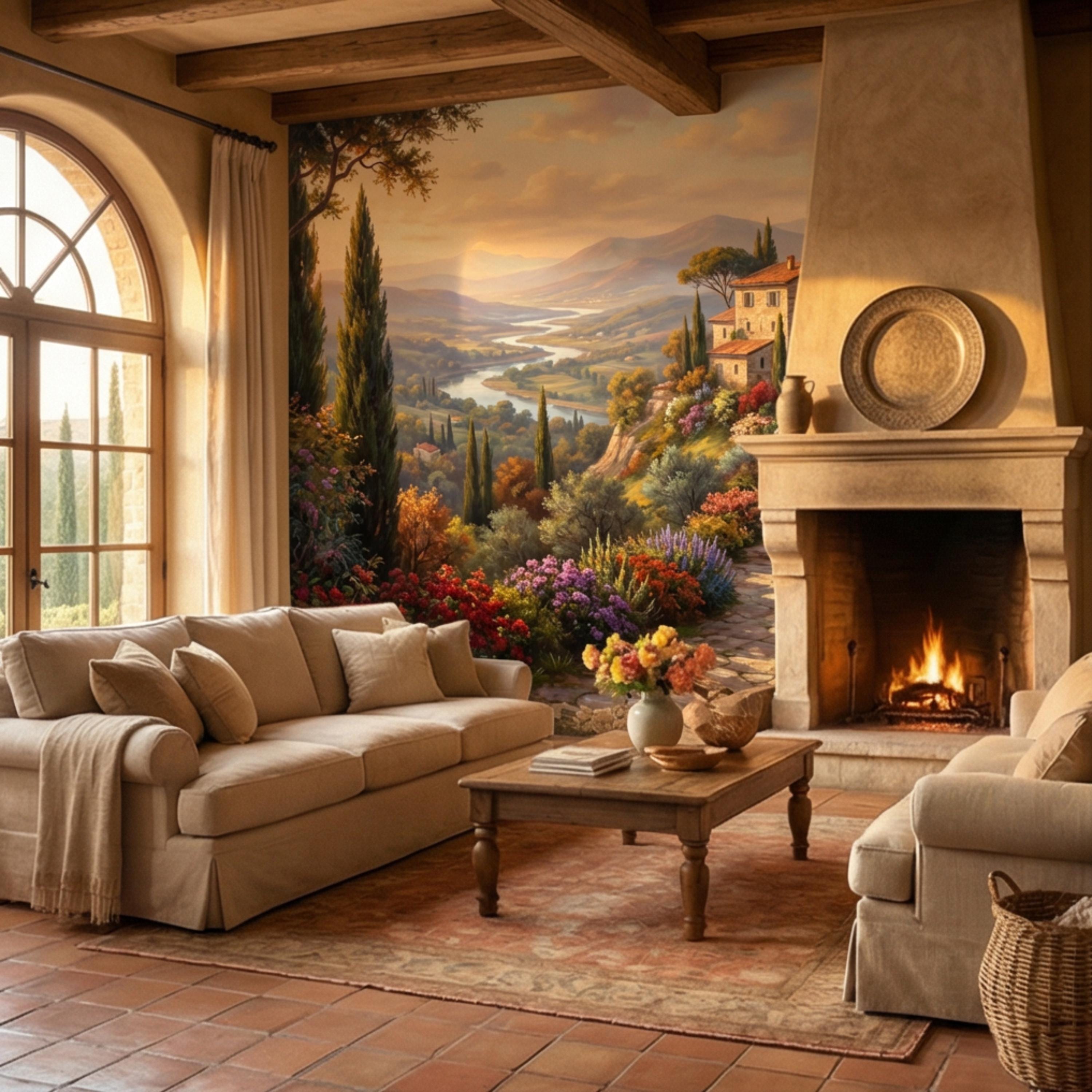 Tuscan Countryside Peel and Stick Wall Mural, Italian Villa Landscape Wallpaper, Rustic Mediterranean Sunset Wall Decor