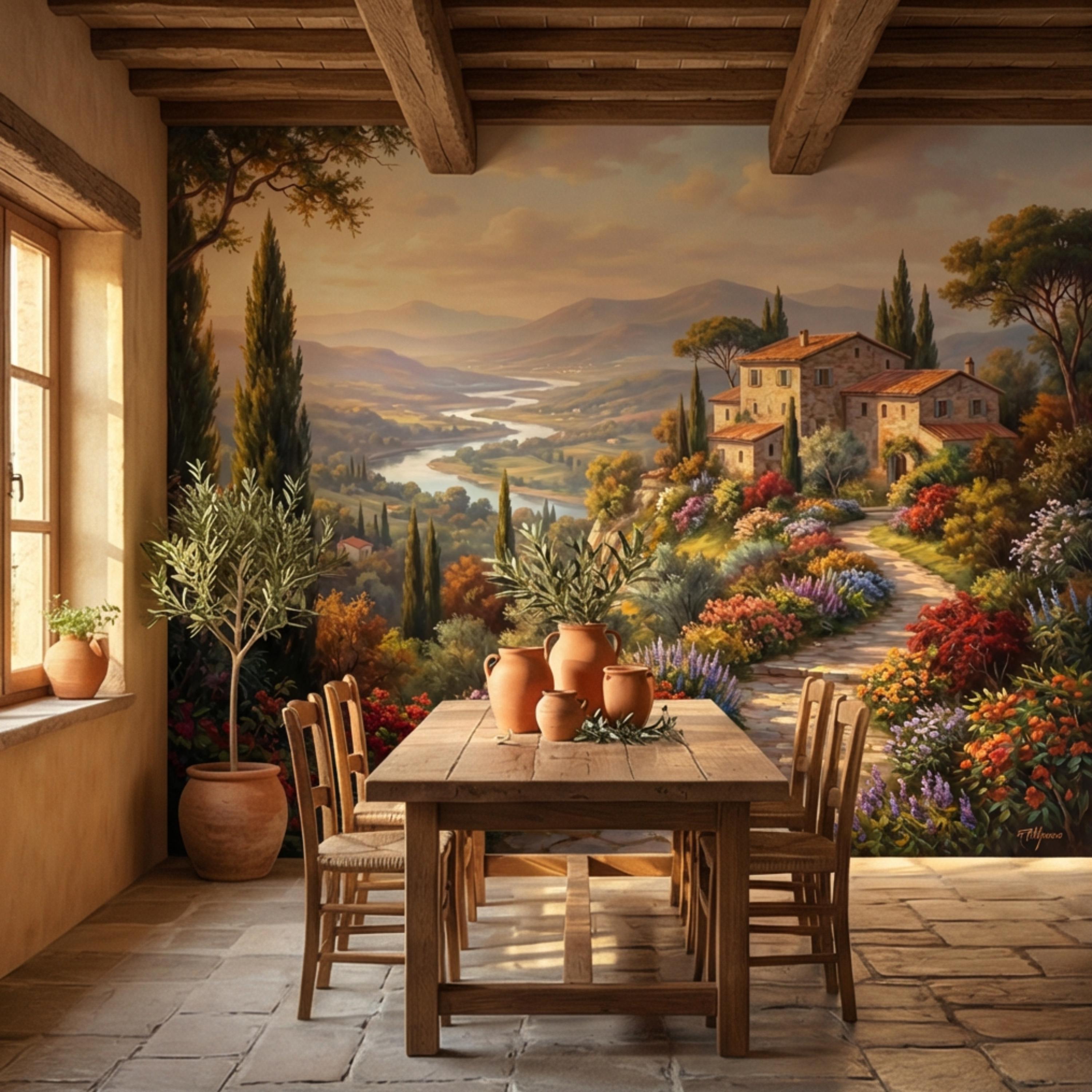 Tuscan Countryside Peel and Stick Wall Mural, Italian Villa Landscape Wallpaper, Rustic Mediterranean Sunset Wall Decor