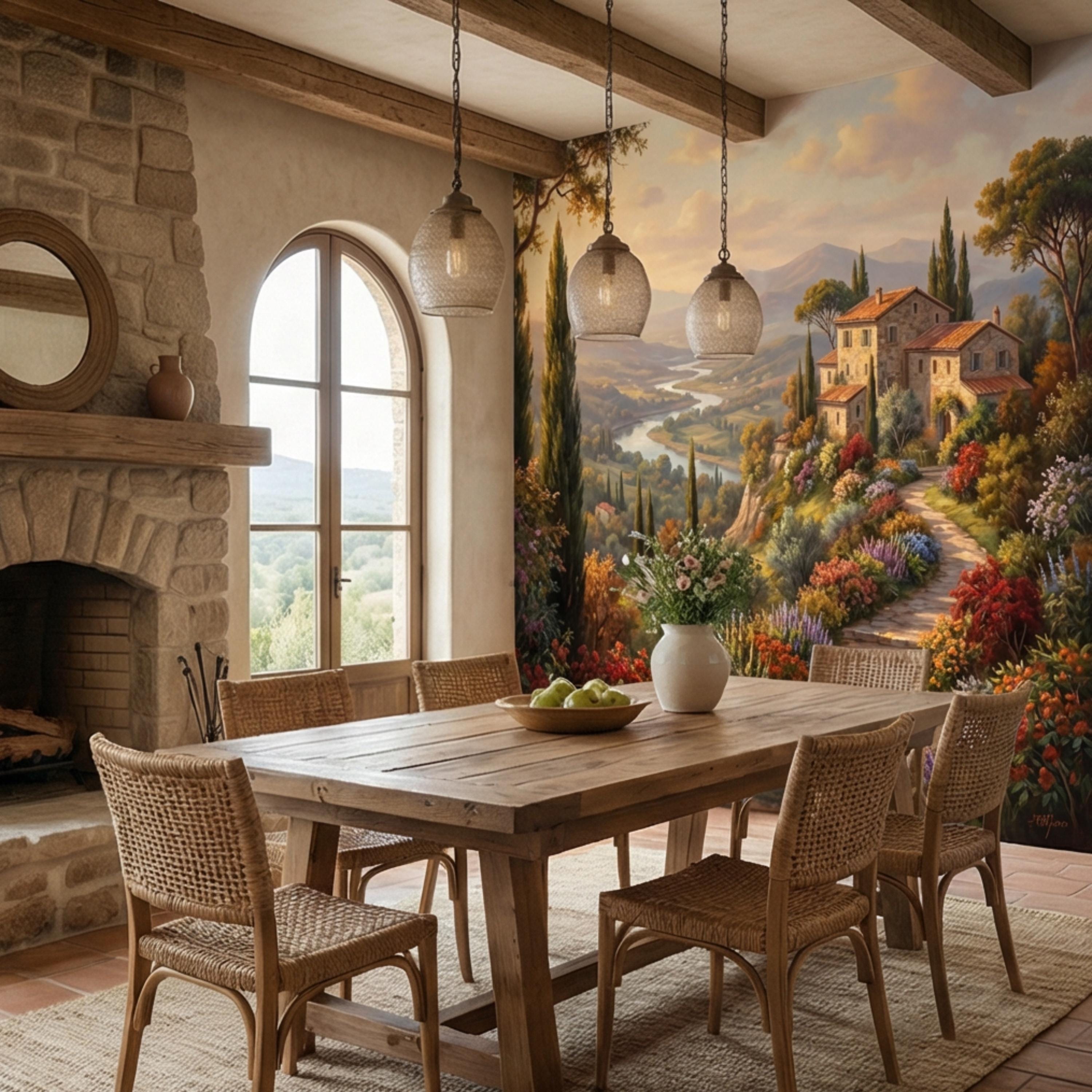 Tuscan Countryside Peel and Stick Wall Mural, Italian Villa Landscape Wallpaper, Rustic Mediterranean Sunset Wall Decor
