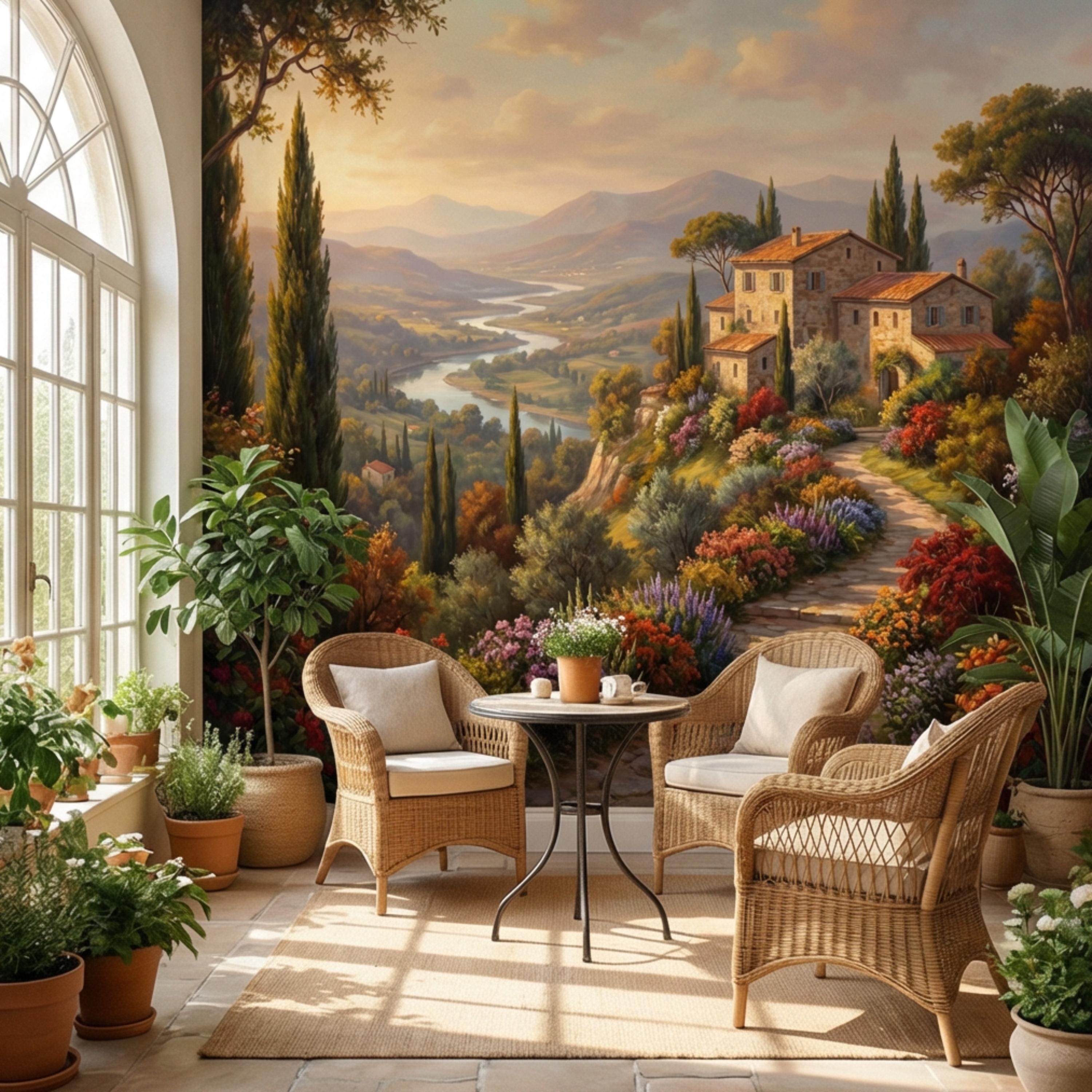 Tuscan Countryside Peel and Stick Wall Mural, Italian Villa Landscape Wallpaper, Rustic Mediterranean Sunset Wall Decor