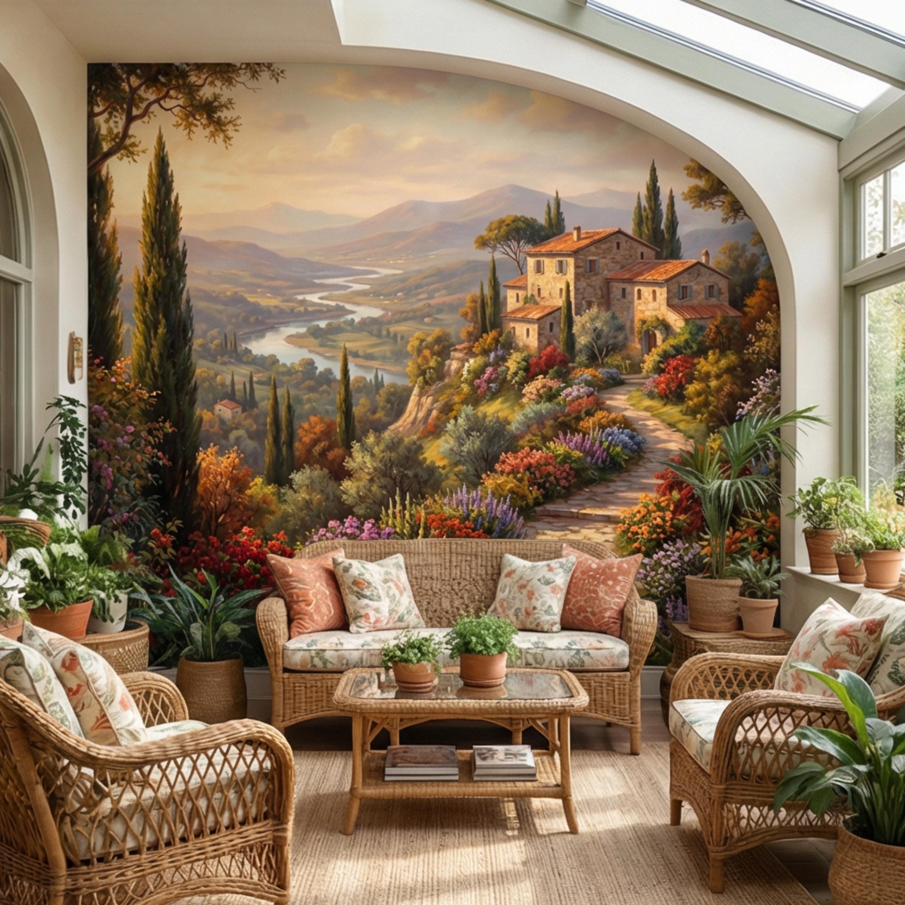 Tuscan Countryside Peel and Stick Wall Mural, Italian Villa Landscape Wallpaper, Rustic Mediterranean Sunset Wall Decor