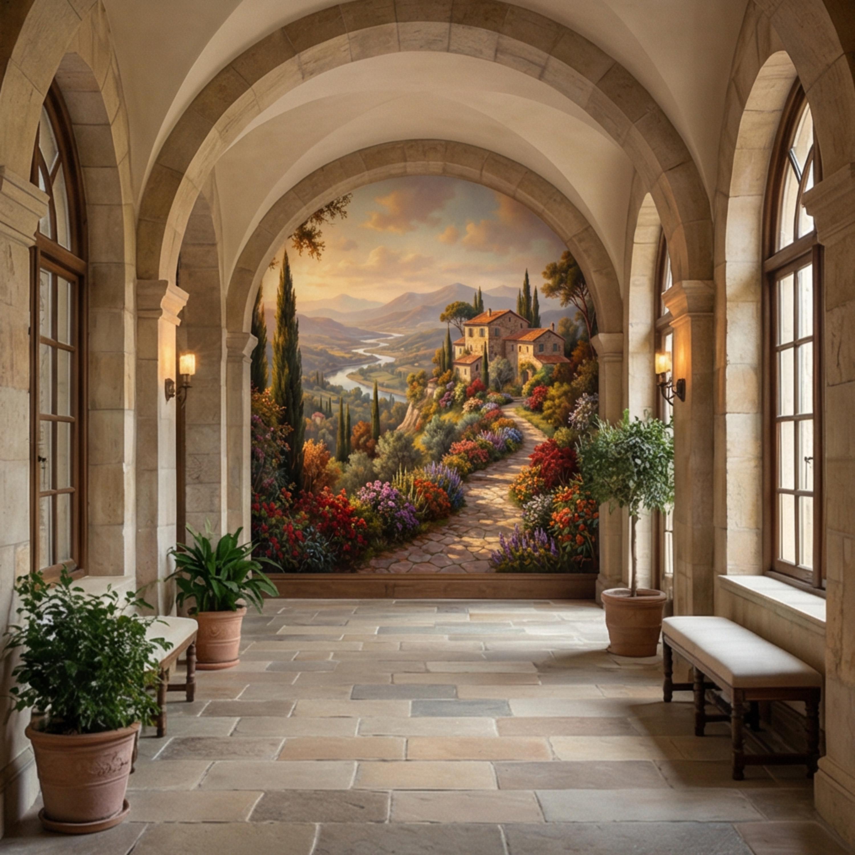 Tuscan Countryside Peel and Stick Wall Mural, Italian Villa Landscape Wallpaper, Rustic Mediterranean Sunset Wall Decor