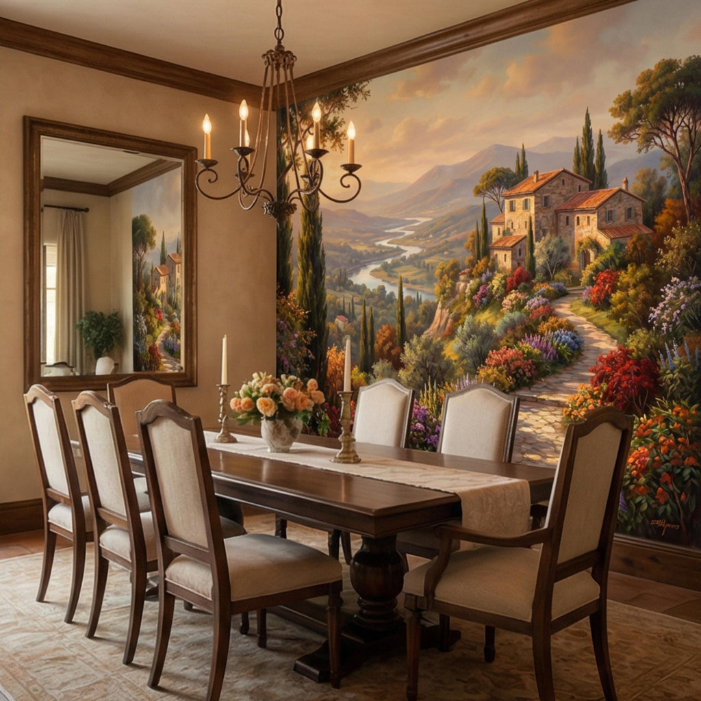 Tuscan Countryside Peel and Stick Wall Mural, Italian Villa Landscape Wallpaper, Rustic Mediterranean Sunset Wall Decor