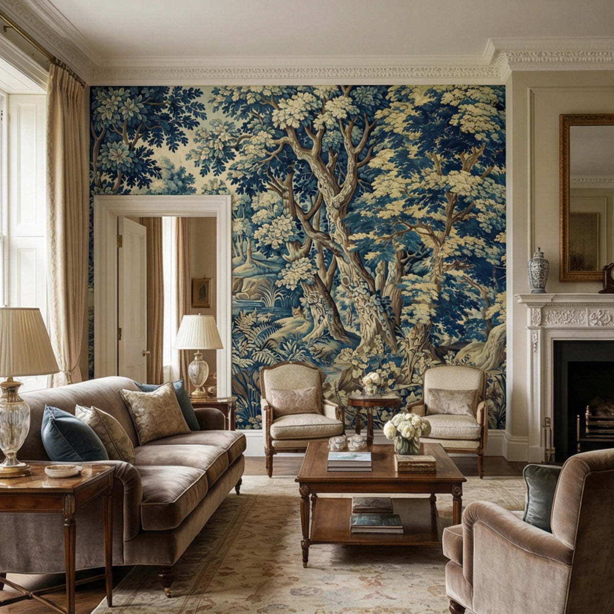 Pastoral forest wall mural showing wide landscape, large tree trunk, and flowering branches