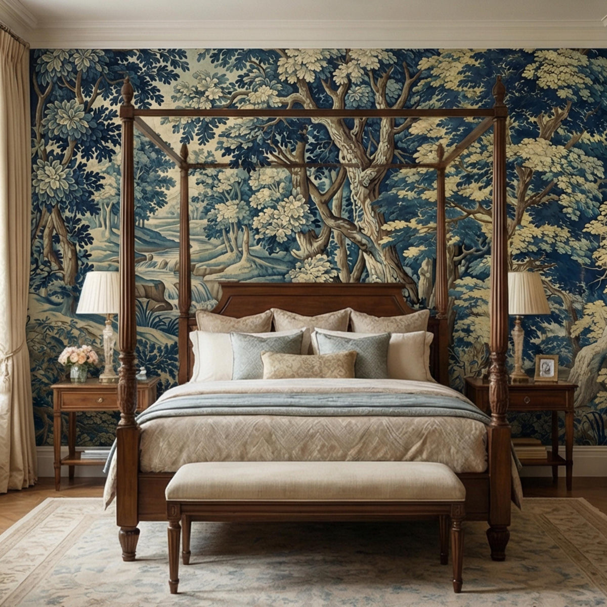 Pastoral forest wall mural with tall trees, blossoms, and winding woodland path scene