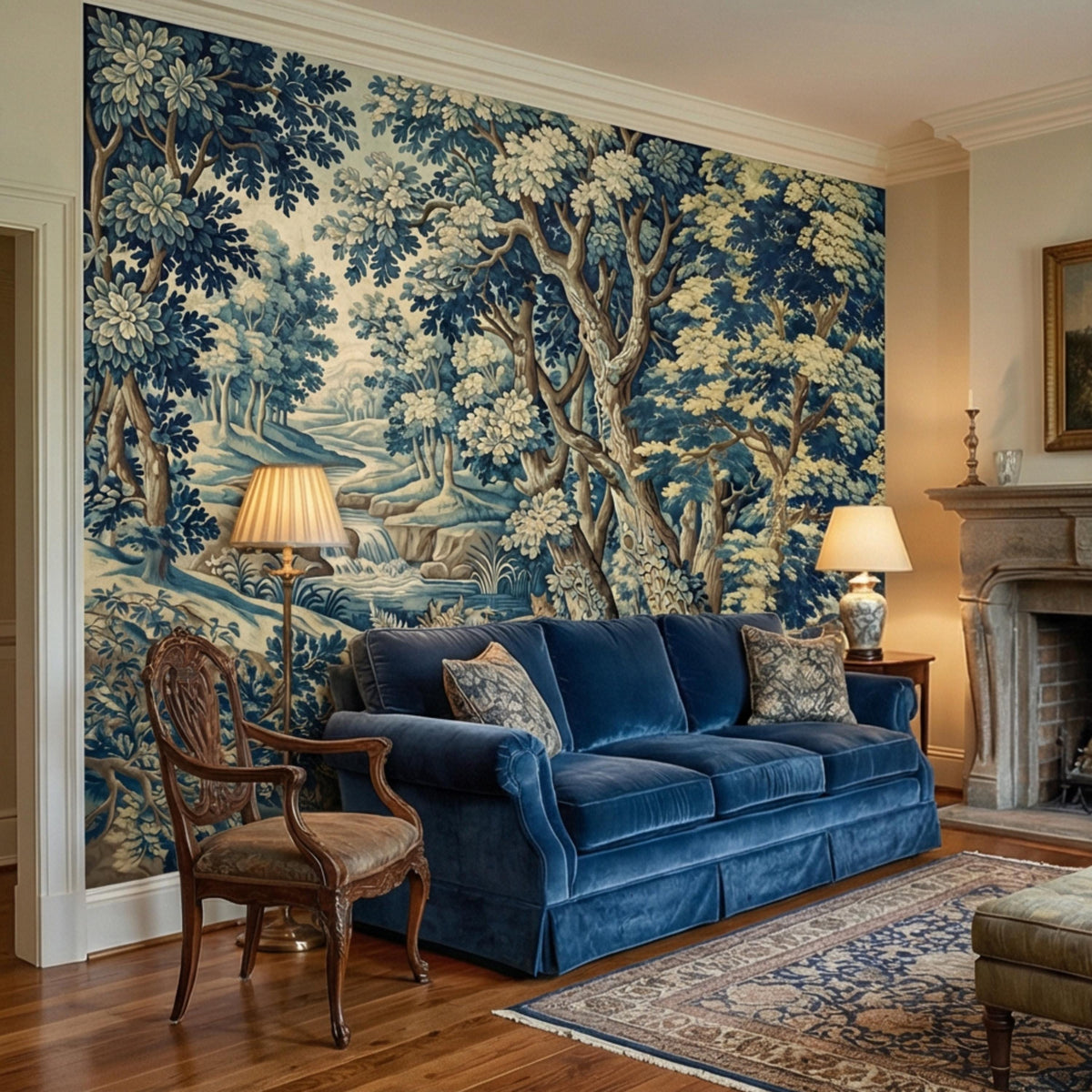 Pastoral forest wall mural featuring a central tree and layered greenery landscape