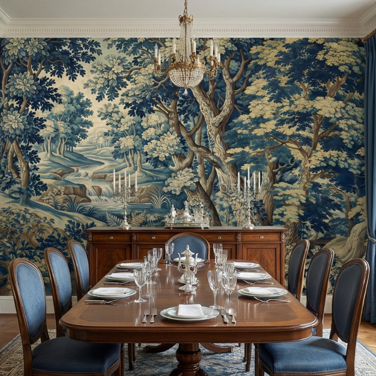 Pastoral forest wall mural with dense tree canopy, blossoms, and woodland detail