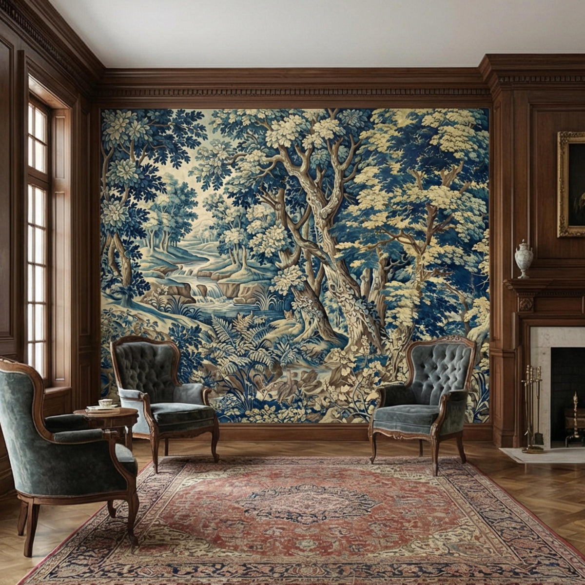 Pastoral forest wall mural with blue-green foliage, large tree, and landscape scenery
