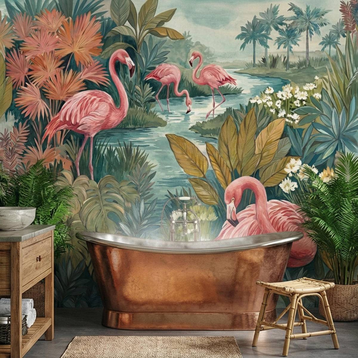 Tropical jungle wall mural with pink flamingos, leafy palms, and white flowers