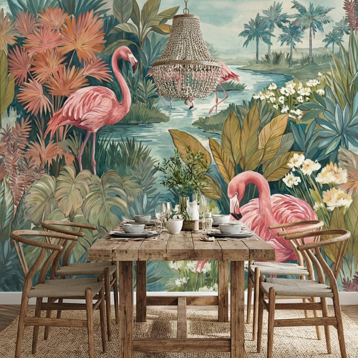 Tropical jungle wall mural with pink flamingos, palm trees, and dense foliage