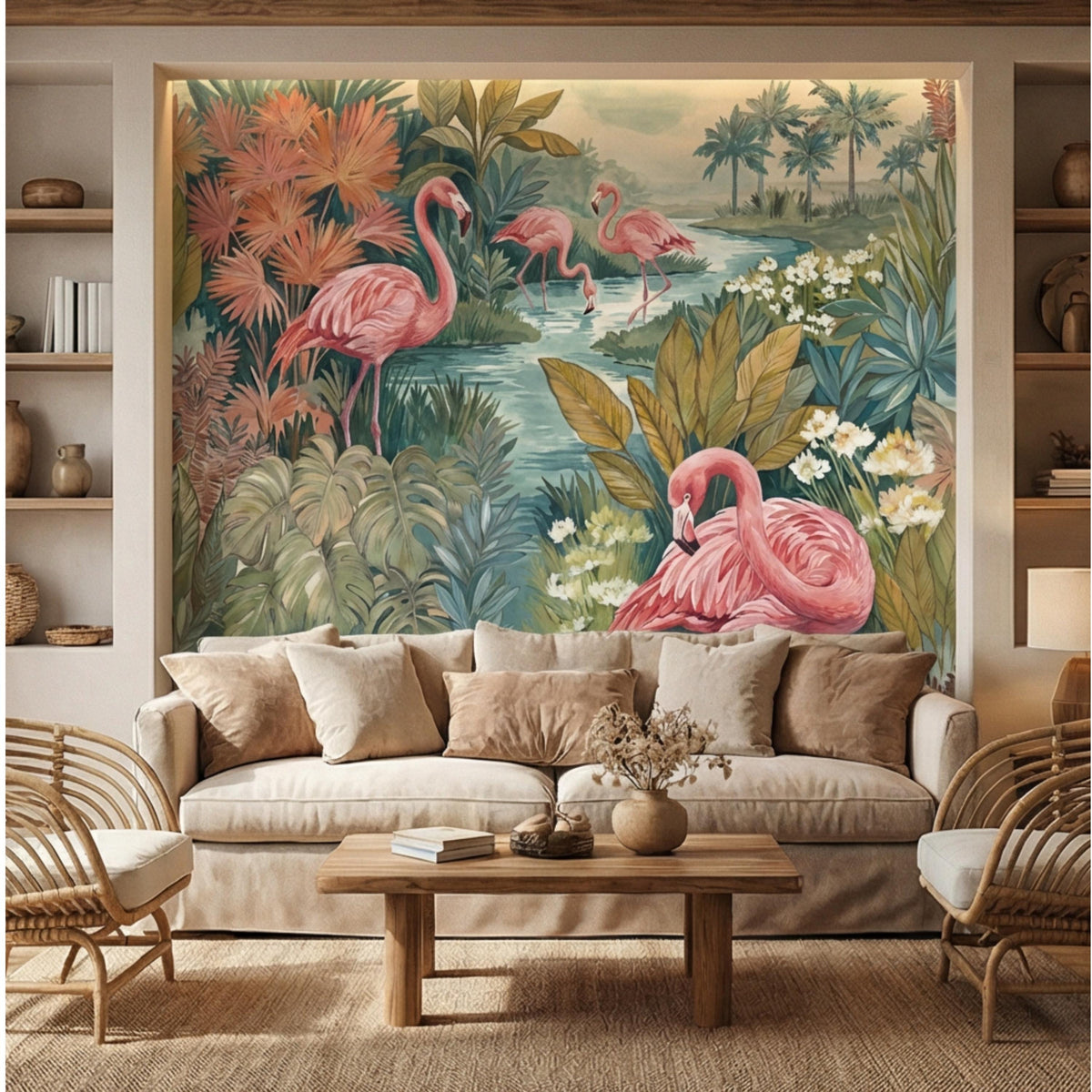 Tropical jungle wall mural with pink flamingos, big tropical leaves, and blooms