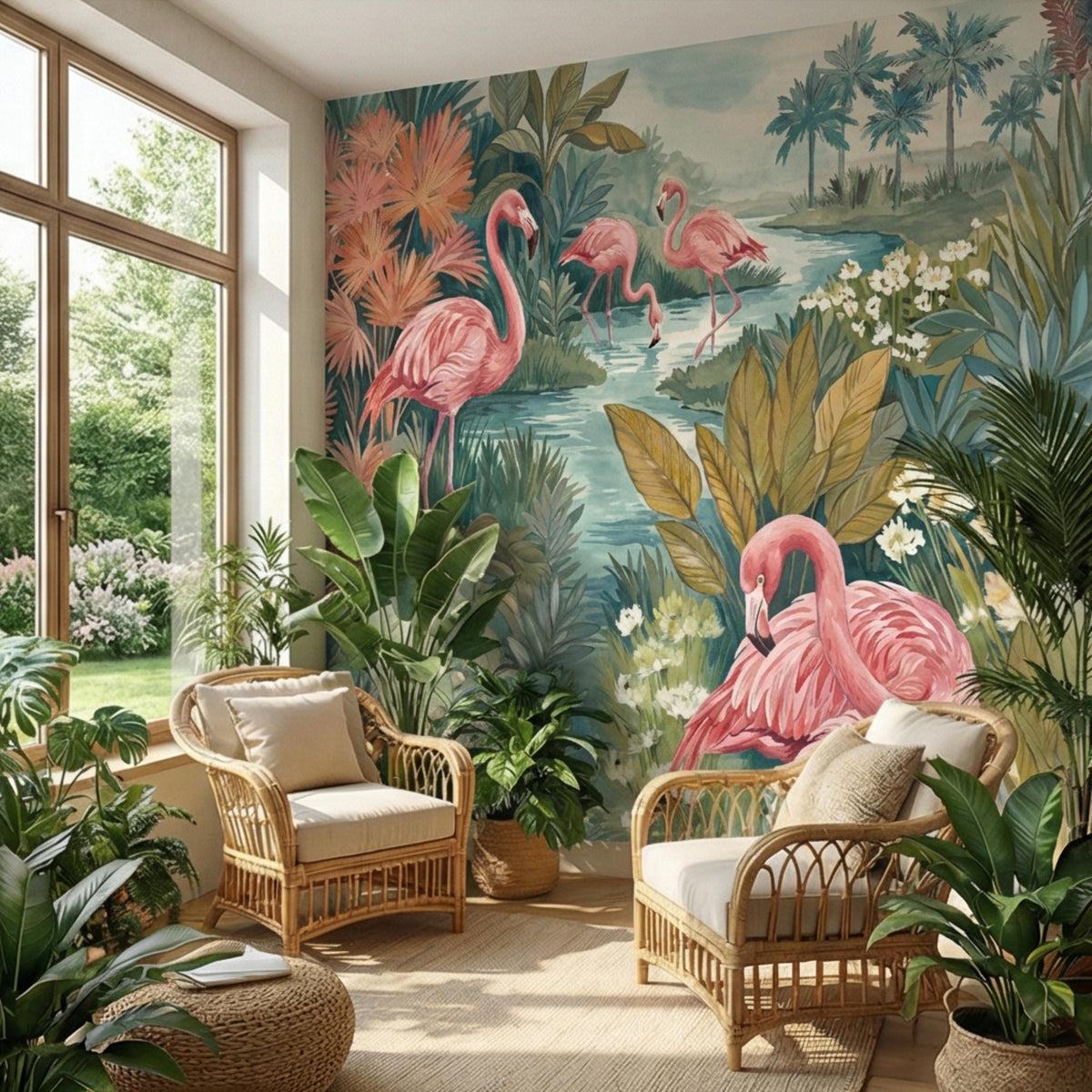 Tropical jungle wall mural featuring pink flamingos along a calm waterway