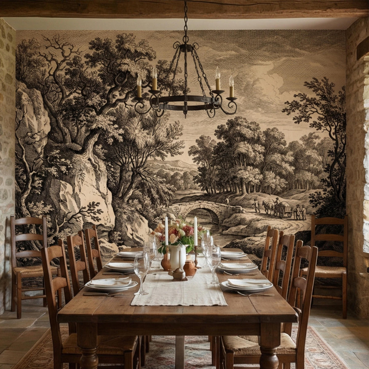 Vintage river landscape wall mural with arched bridge above a dining table