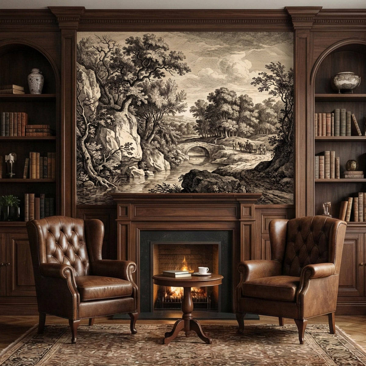 Vintage river landscape wall mural with stone bridge amid trees and hills