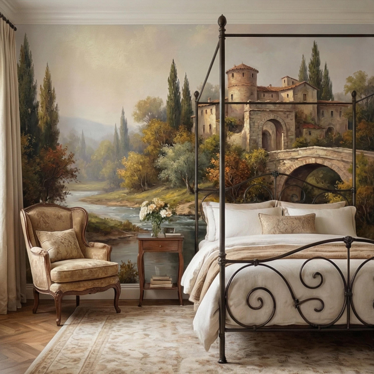 Wall mural featuring a stone arch bridge over a river with a rustic village
