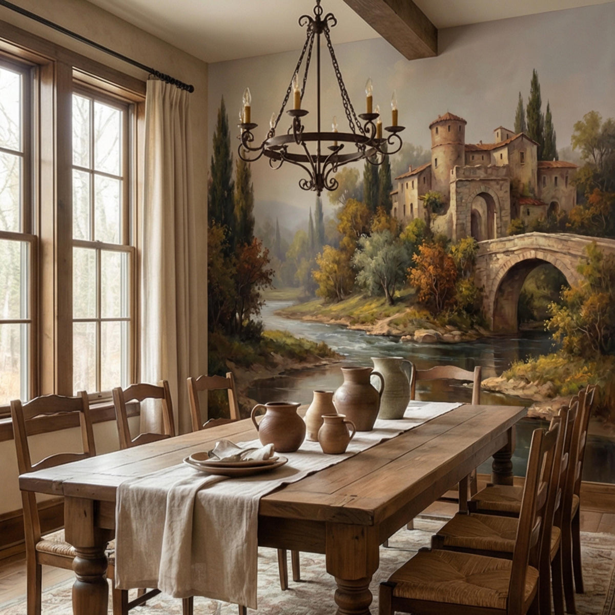 Wall mural river and stone arch bridge with Tuscan village buildings and tall cypress trees