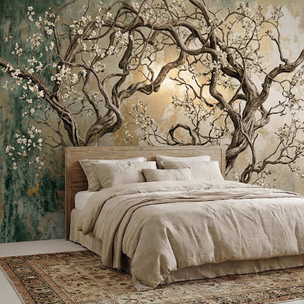 Twisted flowering tree wall mural with white blossoms and looping branches
