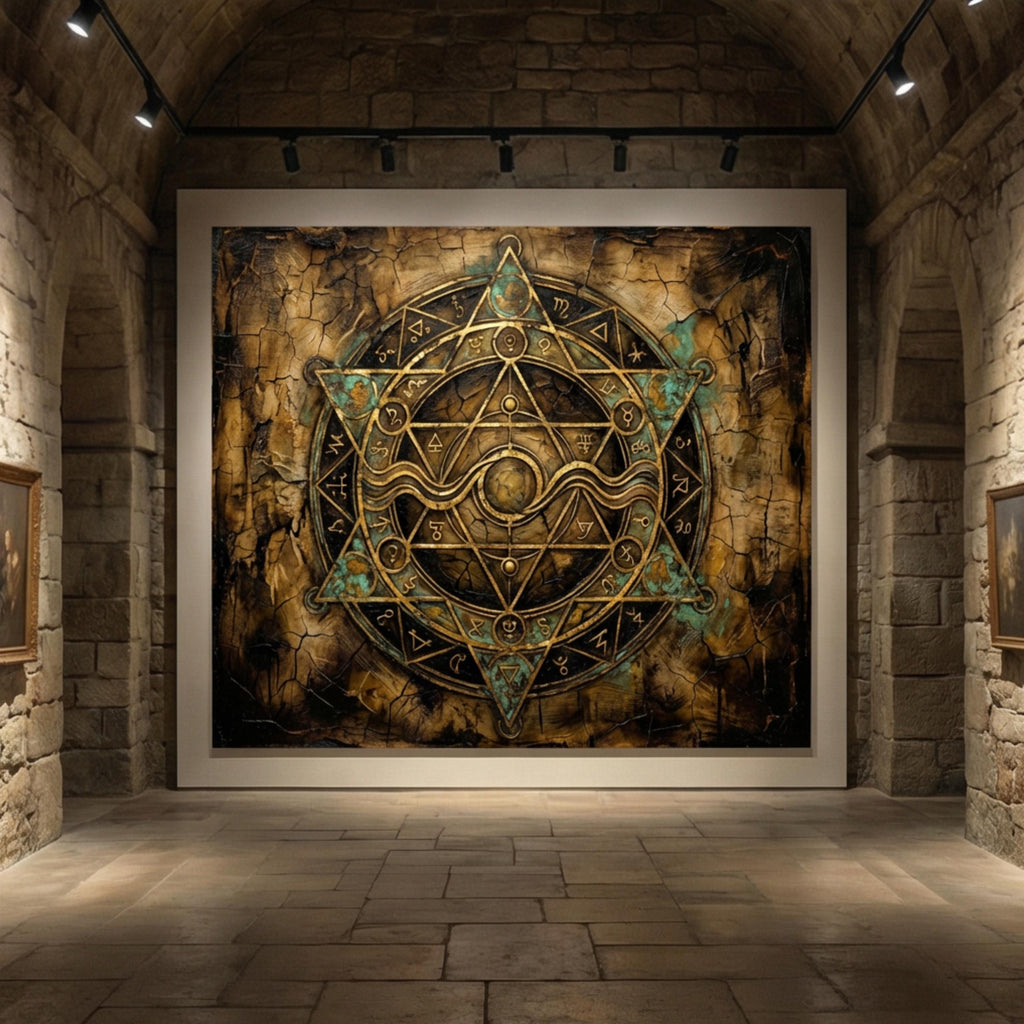 Alchemy Zodiac Sigil Peel and Stick Wall Mural, Vintage Occult Celestial Gold Teal Grunge, Gothic Witchy Wallpaper