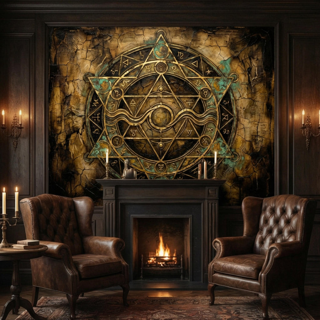 Alchemy Zodiac Sigil Peel and Stick Wall Mural, Vintage Occult Celestial Gold Teal Grunge, Gothic Witchy Wallpaper
