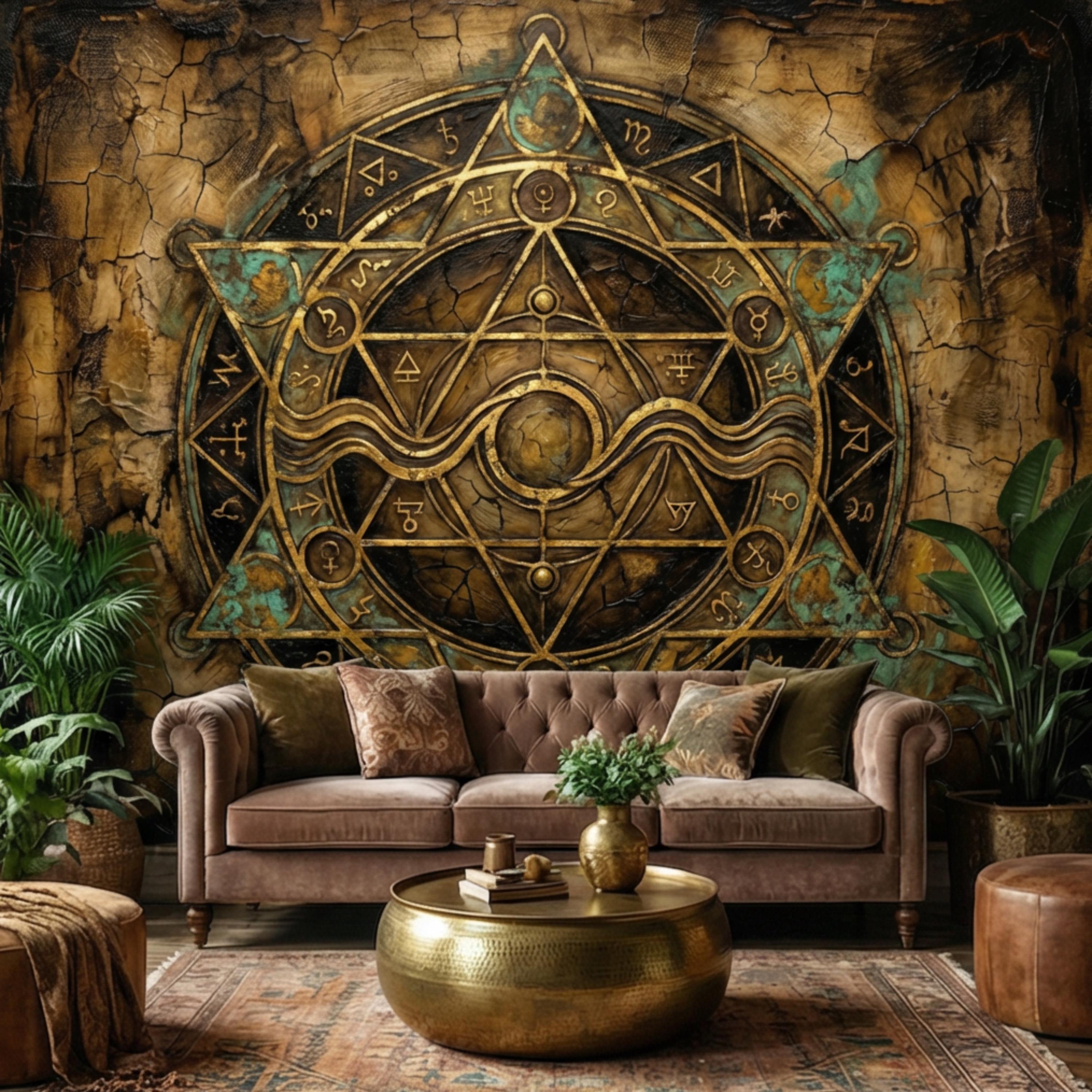 Alchemy Zodiac Sigil Peel and Stick Wall Mural, Vintage Occult Celestial Gold Teal Grunge, Gothic Witchy Wallpaper