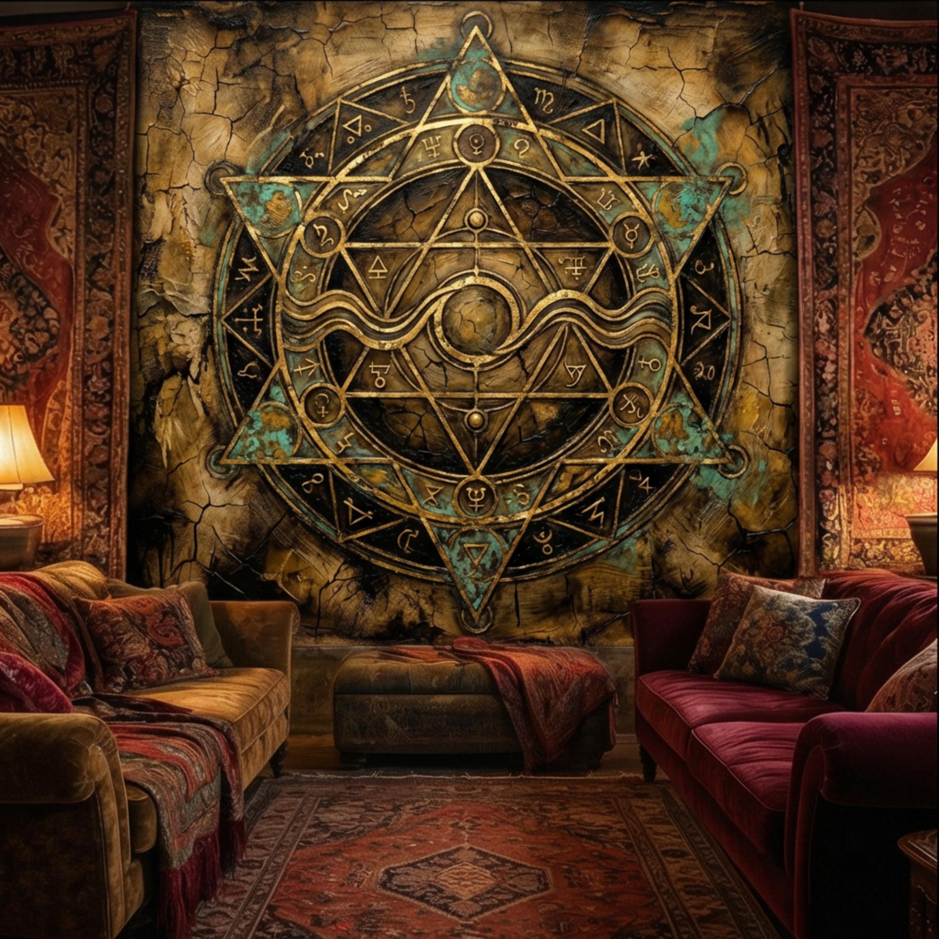 Alchemy Zodiac Sigil Peel and Stick Wall Mural, Vintage Occult Celestial Gold Teal Grunge, Gothic Witchy Wallpaper