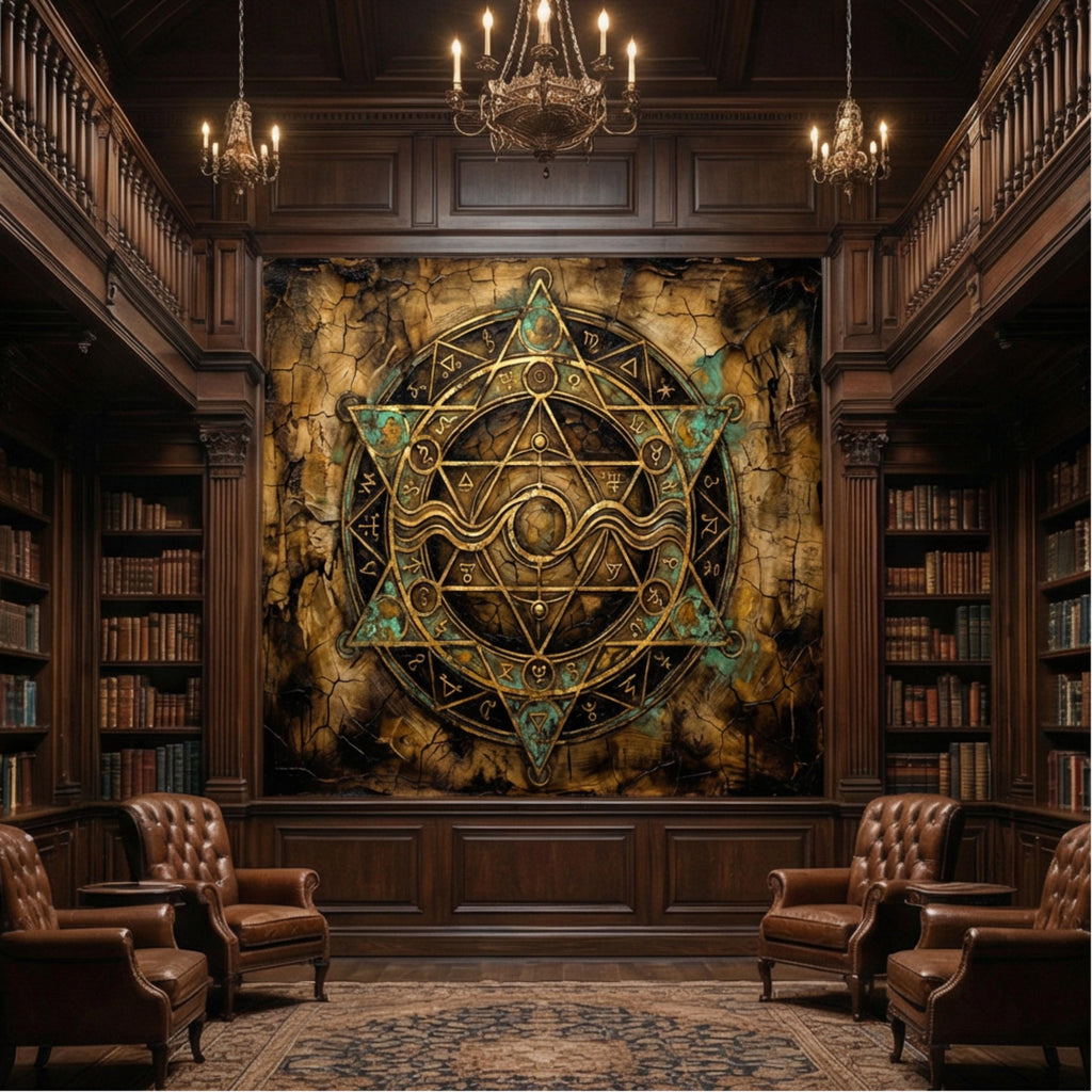 Alchemy Zodiac Sigil Peel and Stick Wall Mural, Vintage Occult Celestial Gold Teal Grunge, Gothic Witchy Wallpaper