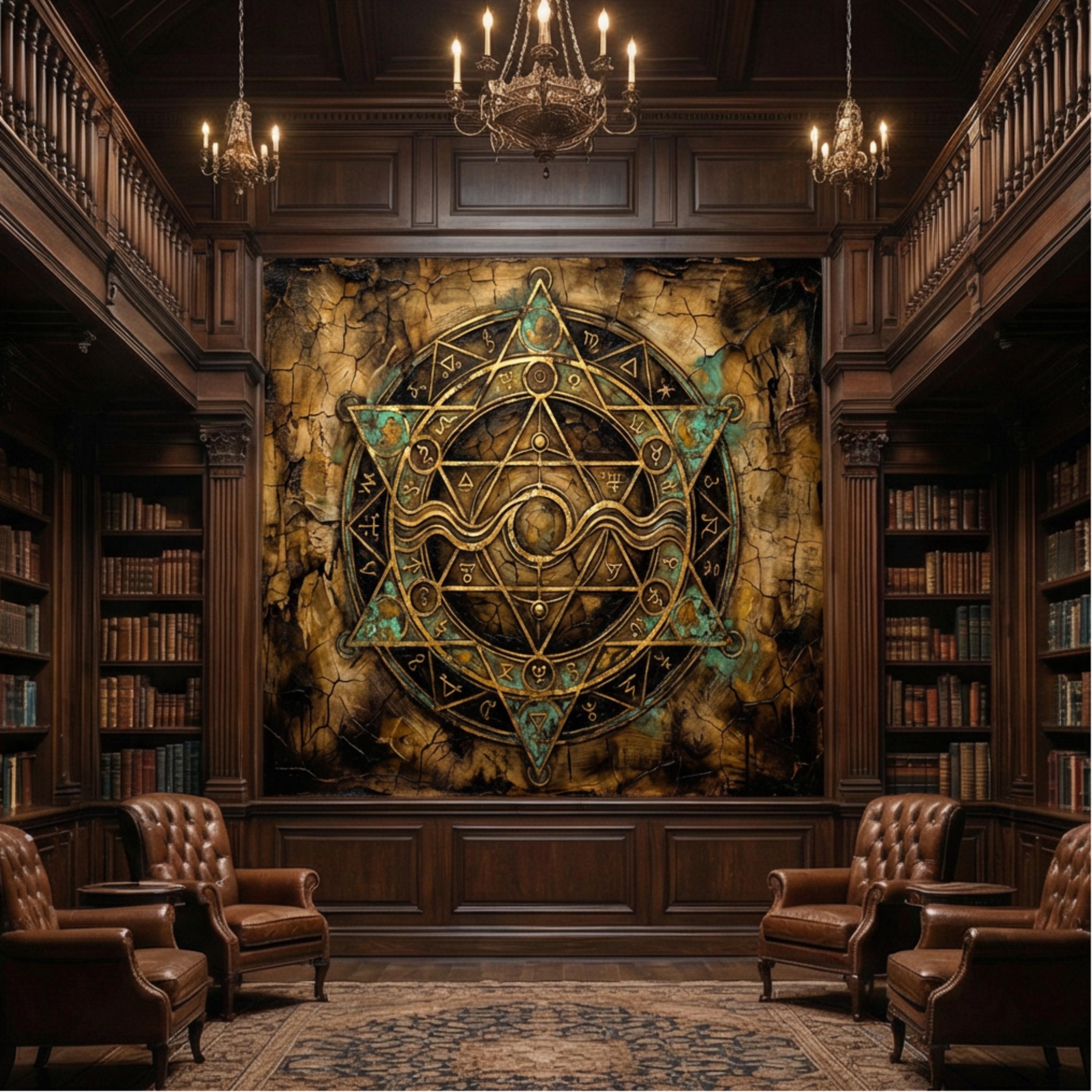 Alchemy Zodiac Sigil Peel and Stick Wall Mural, Vintage Occult Celestial Gold Teal Grunge, Gothic Witchy Wallpaper
