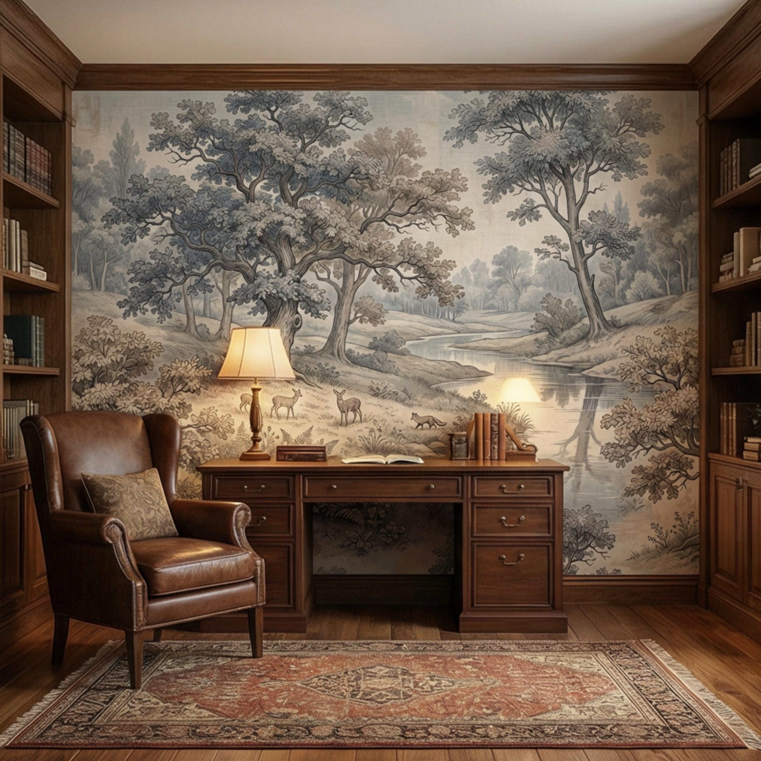 Toile de Jouy Vintage Woodland River Landscape Peel and Stick Wall Mural, French Country Pastoral Scenic Wallpaper