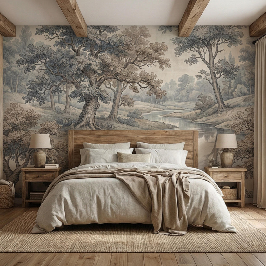 Toile de Jouy Vintage Woodland River Landscape Peel and Stick Wall Mural, French Country Pastoral Scenic Wallpaper
