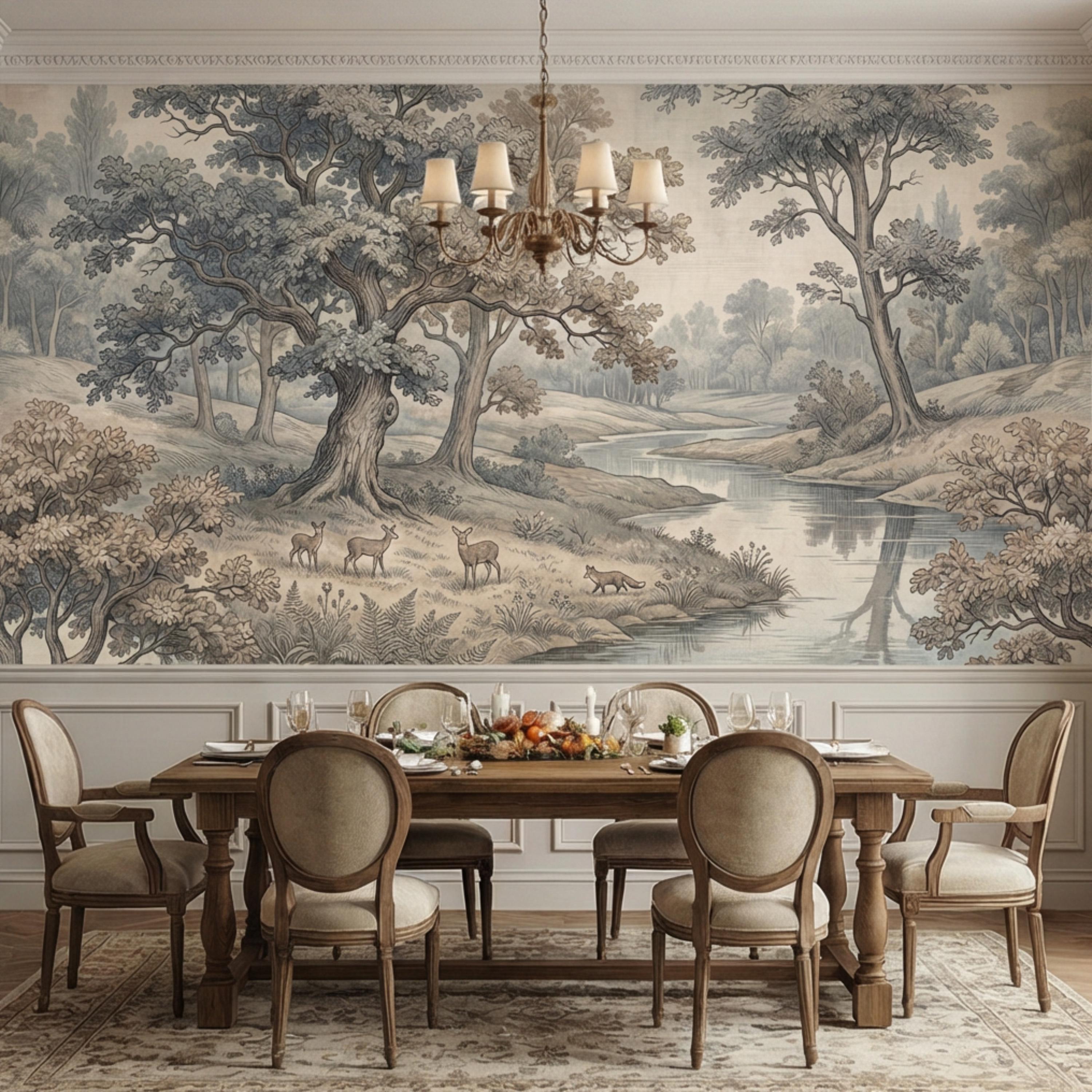 Toile de Jouy Vintage Woodland River Landscape Peel and Stick Wall Mural, French Country Pastoral Scenic Wallpaper