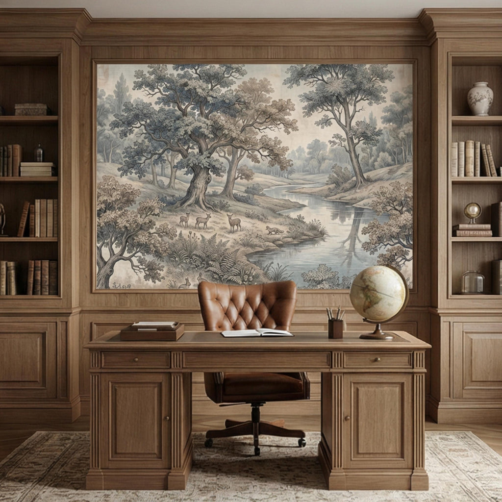 Toile de Jouy Vintage Woodland River Landscape Peel and Stick Wall Mural, French Country Pastoral Scenic Wallpaper