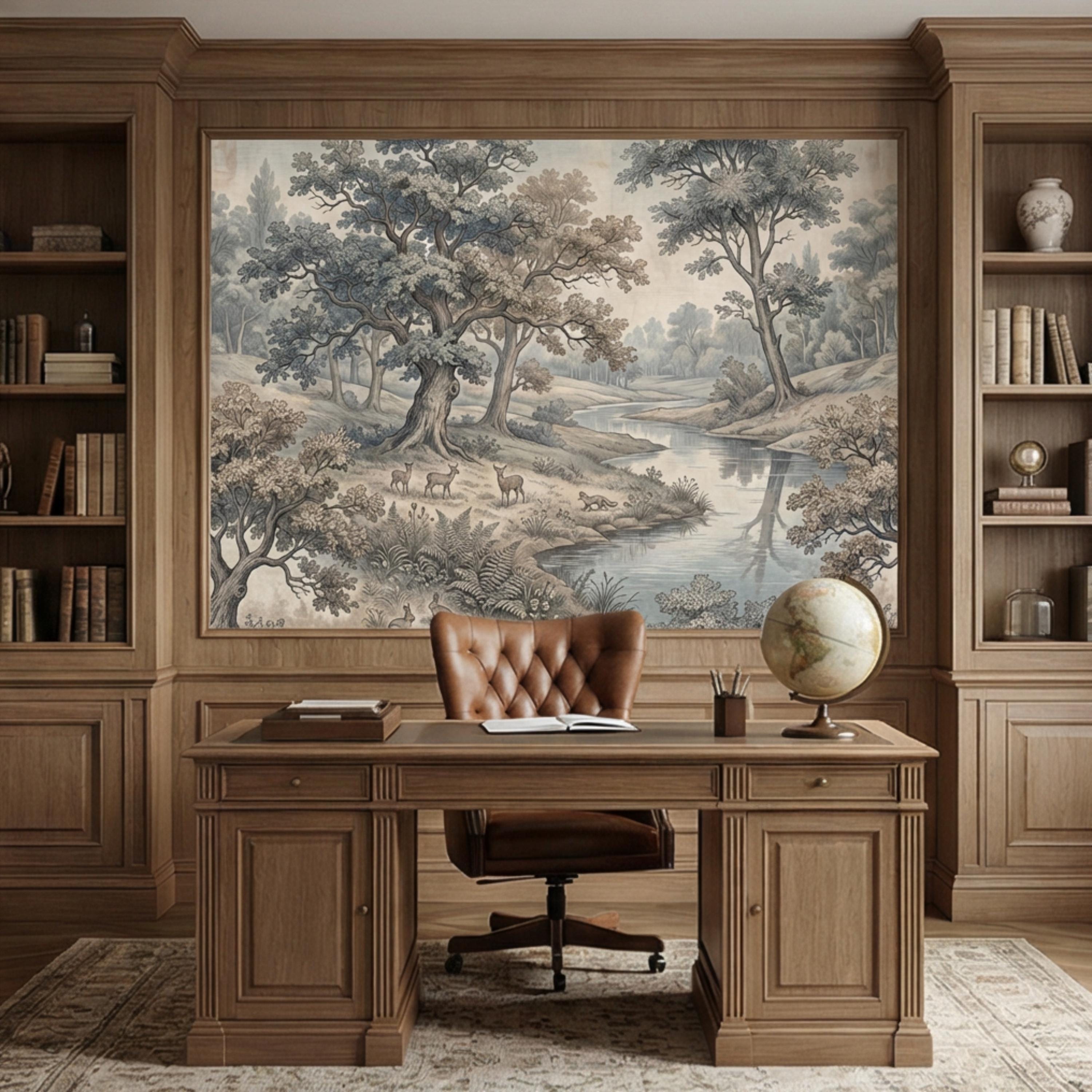 Toile de Jouy Vintage Woodland River Landscape Peel and Stick Wall Mural, French Country Pastoral Scenic Wallpaper