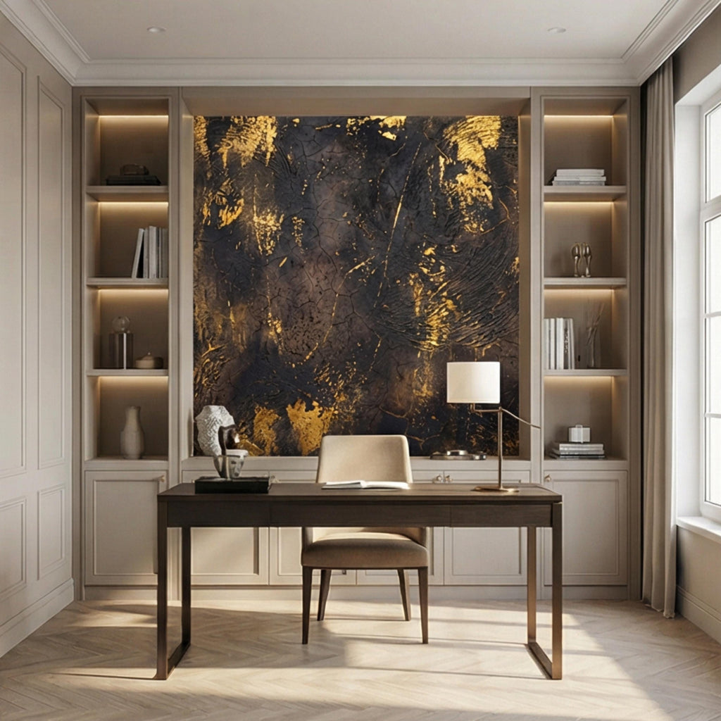 Modern Glam Textured Plaster Black and Gold Effect Peel and Stick Wall Mural, Luxury Abstract Accent Wallallpaper