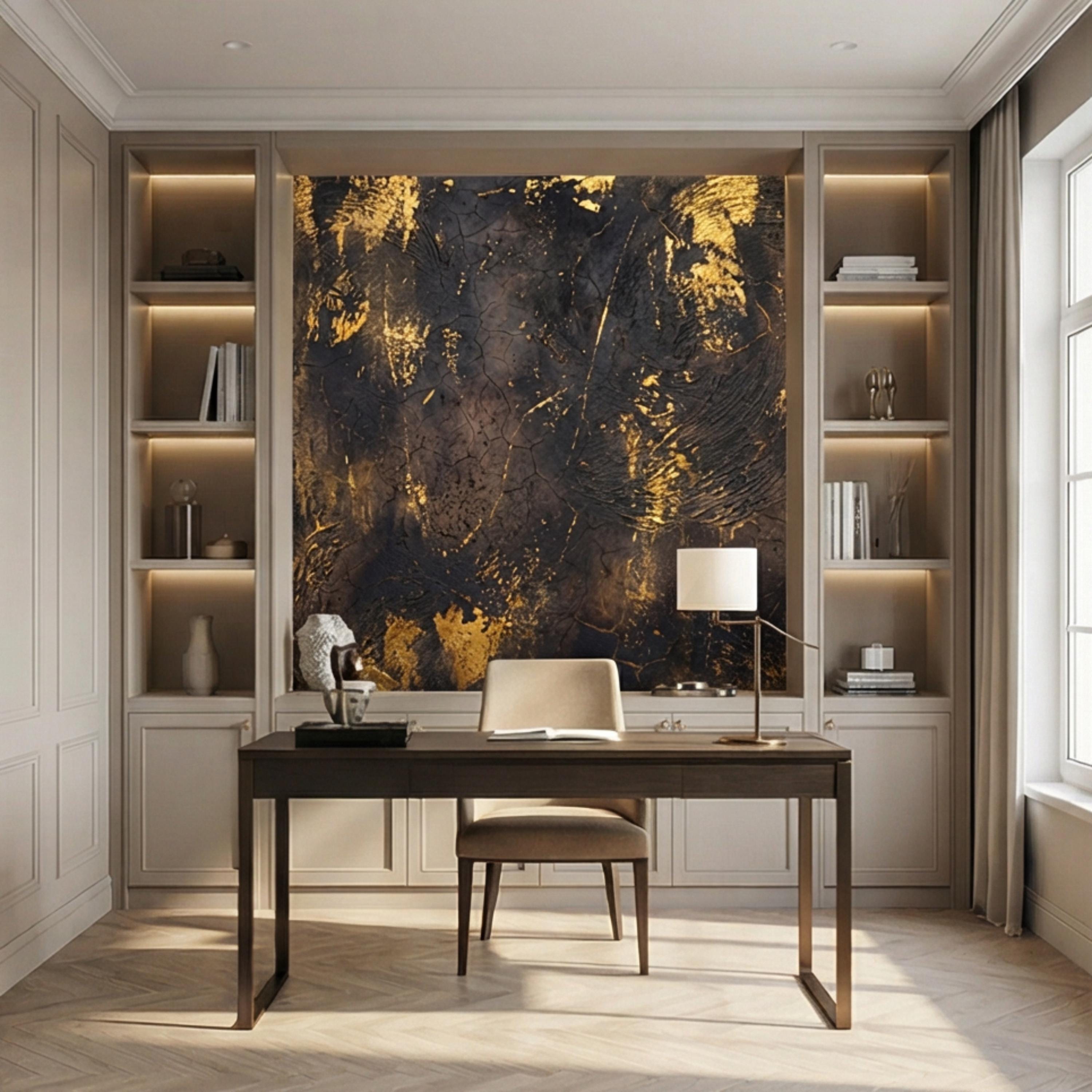 Modern Glam Textured Plaster Black and Gold Effect Peel and Stick Wall Mural, Luxury Abstract Accent Wallallpaper