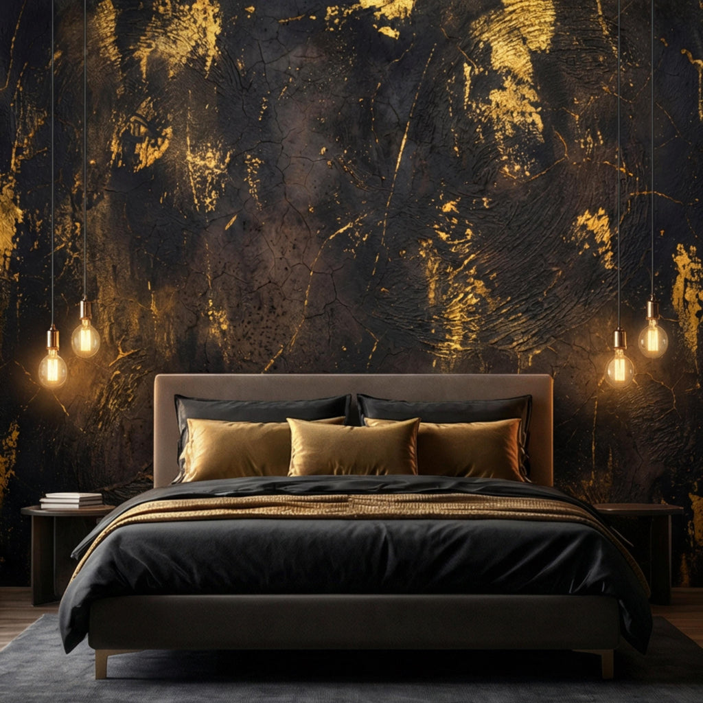 Modern Glam Textured Plaster Black and Gold Effect Peel and Stick Wall Mural, Luxury Abstract Accent Wallallpaper