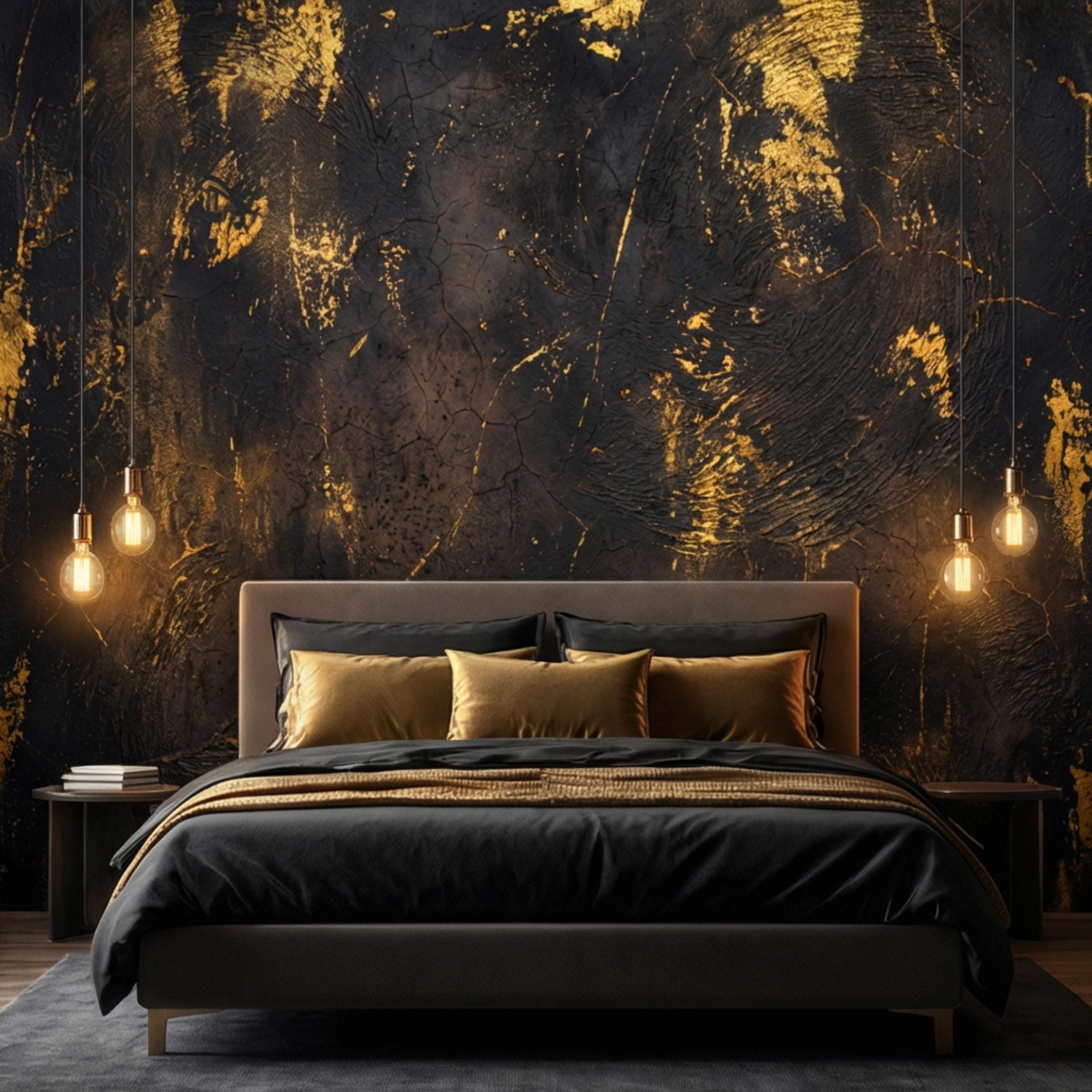 Modern Glam Textured Plaster Black and Gold Effect Peel and Stick Wall Mural, Luxury Abstract Accent Wallallpaper