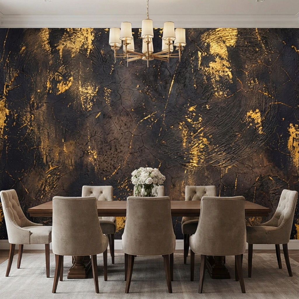 Modern Glam Textured Plaster Black and Gold Effect Peel and Stick Wall Mural, Luxury Abstract Accent Wallallpaper