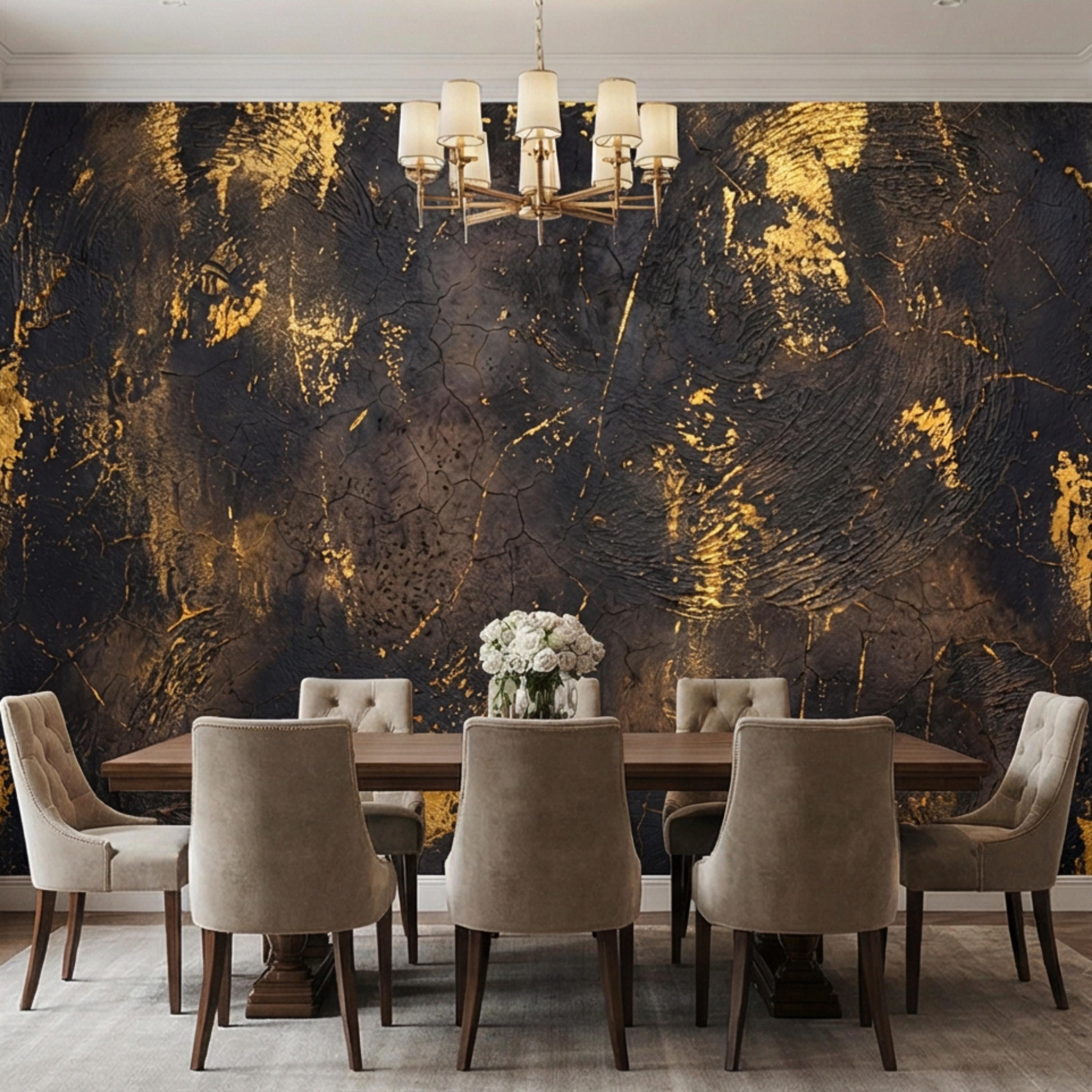Modern Glam Textured Plaster Black and Gold Effect Peel and Stick Wall Mural, Luxury Abstract Accent Wallallpaper