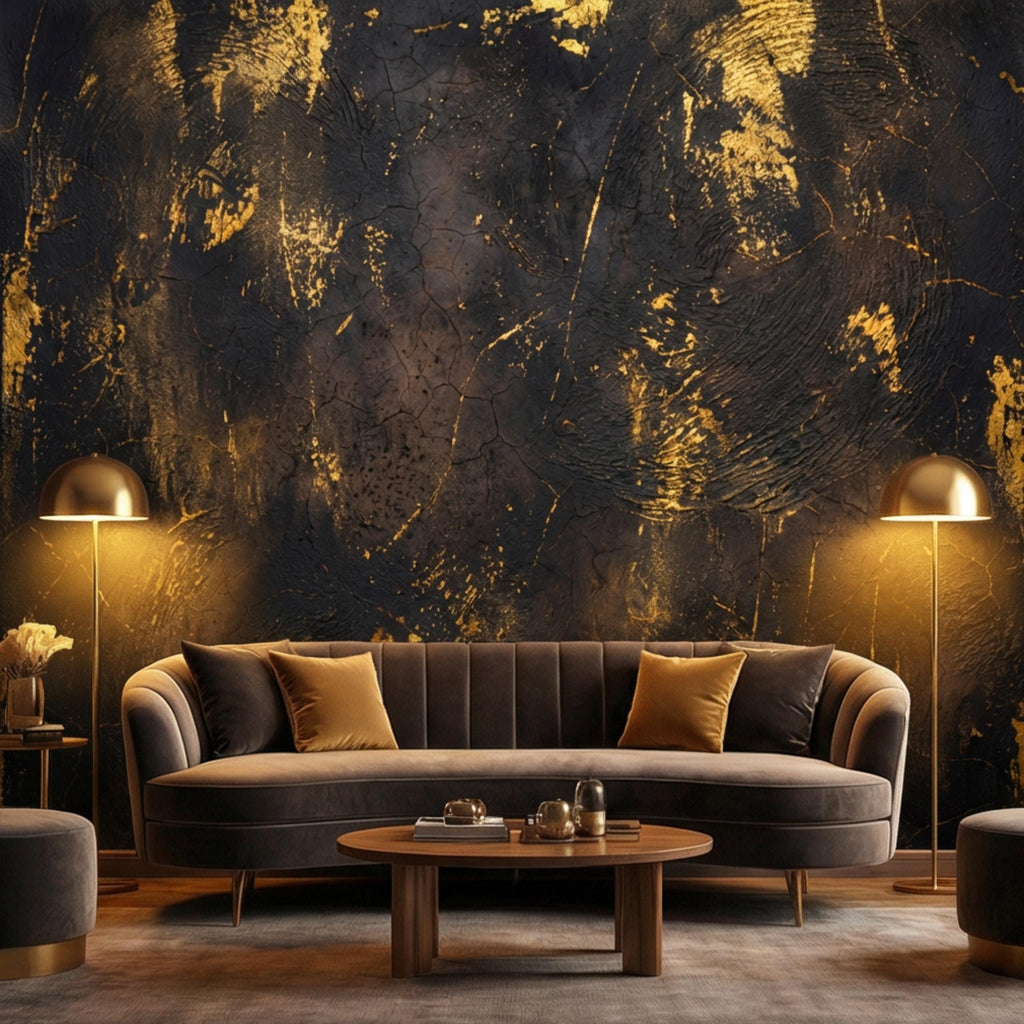 Modern Glam Textured Plaster Black and Gold Effect Peel and Stick Wall Mural, Luxury Abstract Accent Wallallpaper