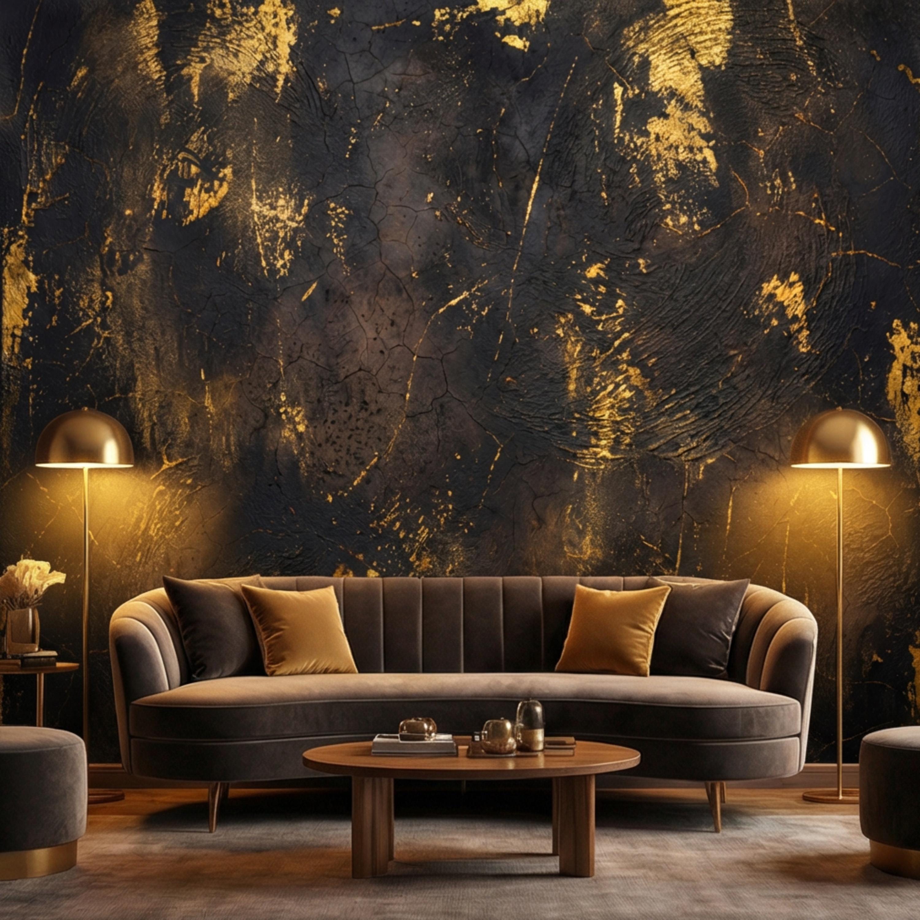 Modern Glam Textured Plaster Black and Gold Effect Peel and Stick Wall Mural, Luxury Abstract Accent Wallallpaper