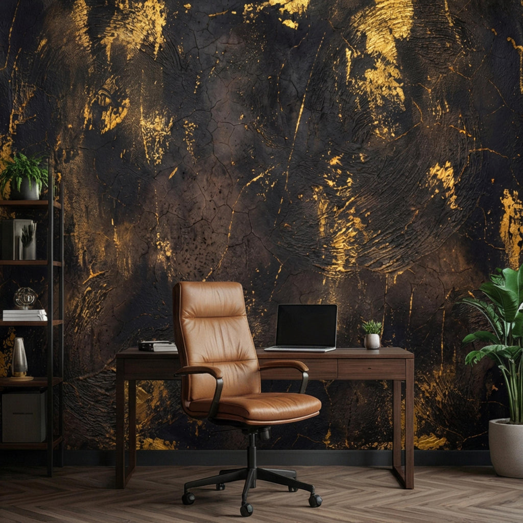 Modern Glam Textured Plaster Black and Gold Effect Peel and Stick Wall Mural, Luxury Abstract Accent Wallallpaper