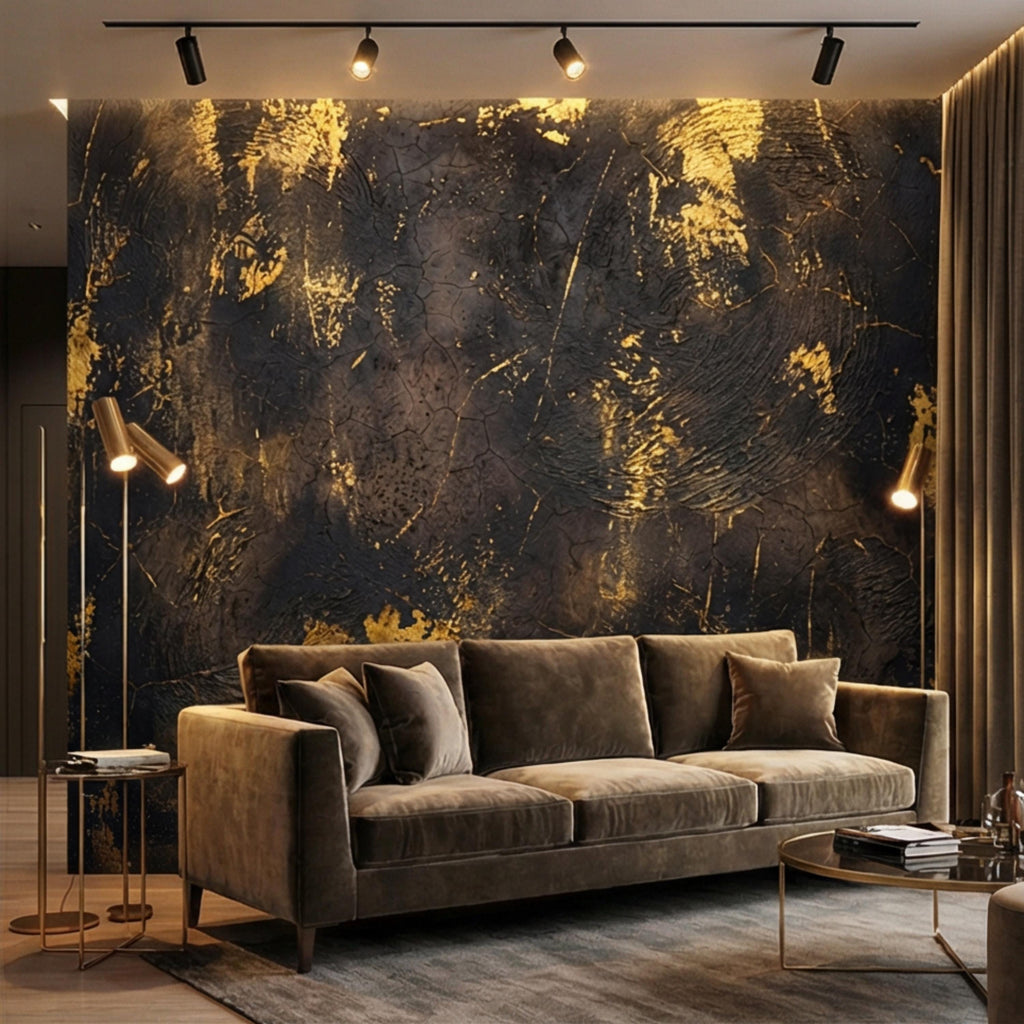 Modern Glam Textured Plaster Black and Gold Effect Peel and Stick Wall Mural, Luxury Abstract Accent Wallallpaper