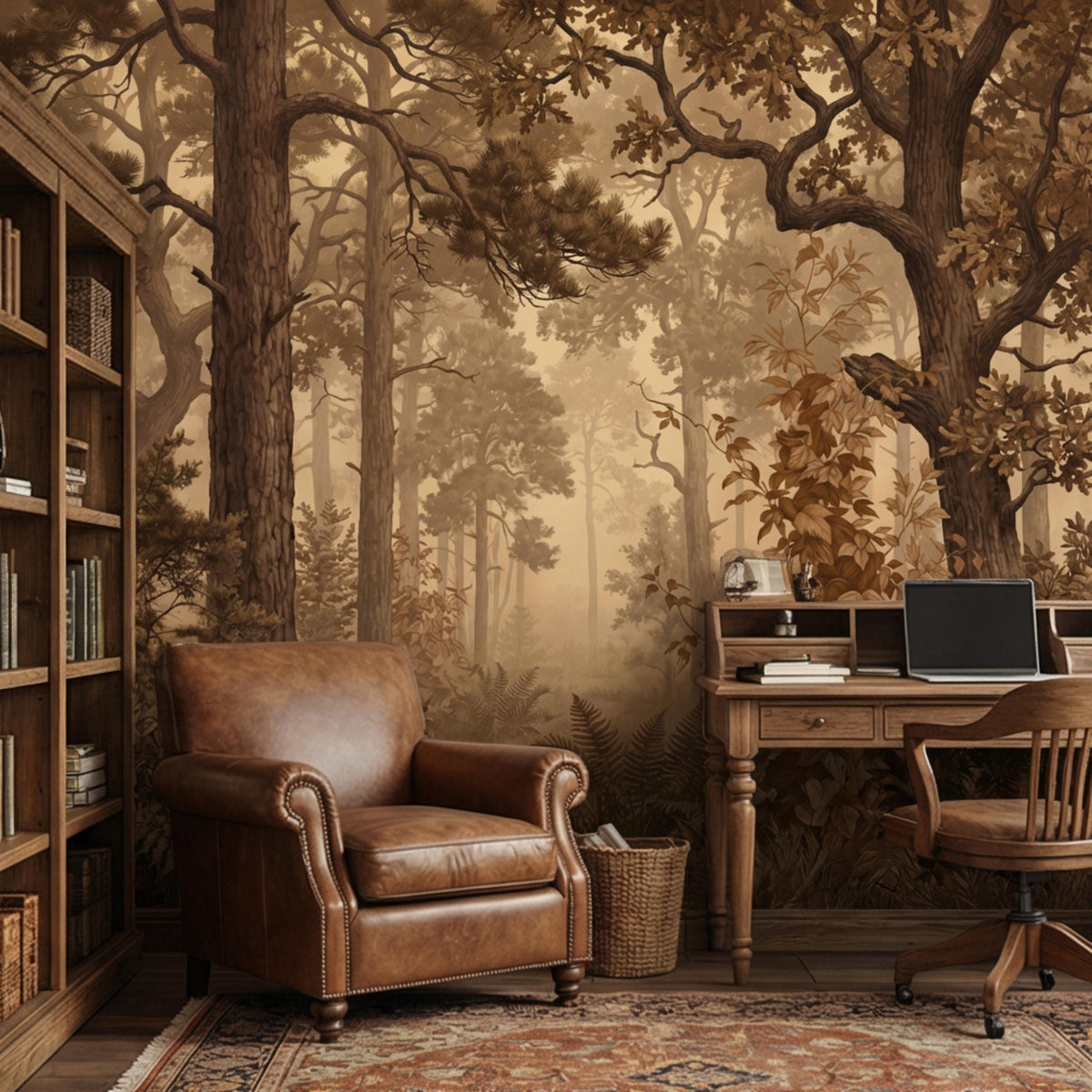 Vintage forest tree wall mural with warm autumn leaves and distant misty woodland