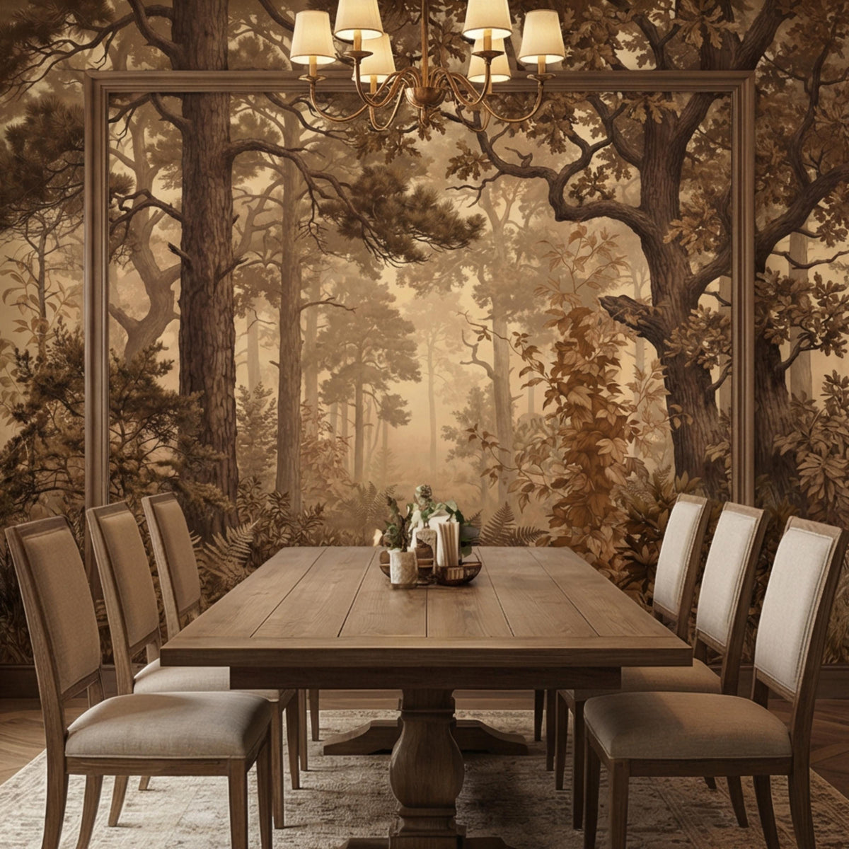 Moody woodland wall mural with layered trees, autumn canopy, and soft sepia glow