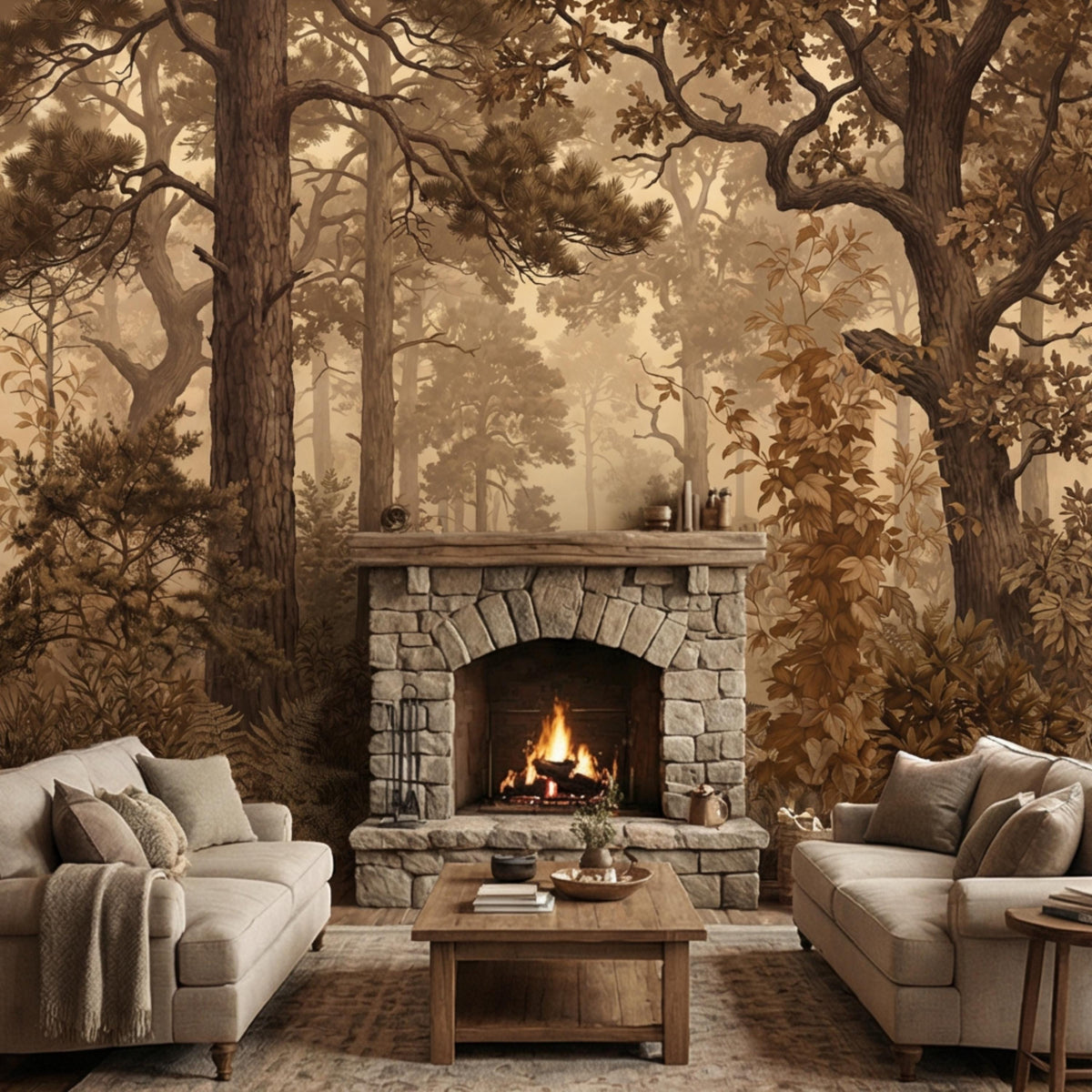 Forest landscape wall mural with autumn trees, misty light, and a perched bird