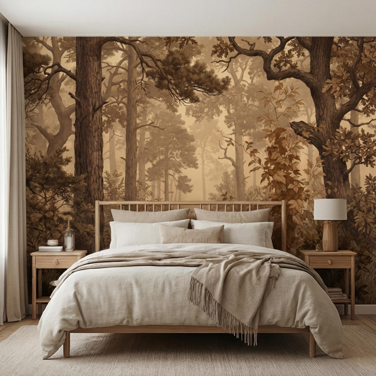 Vintage woodland wall mural featuring tall trees, warm fall leaves, and soft haze