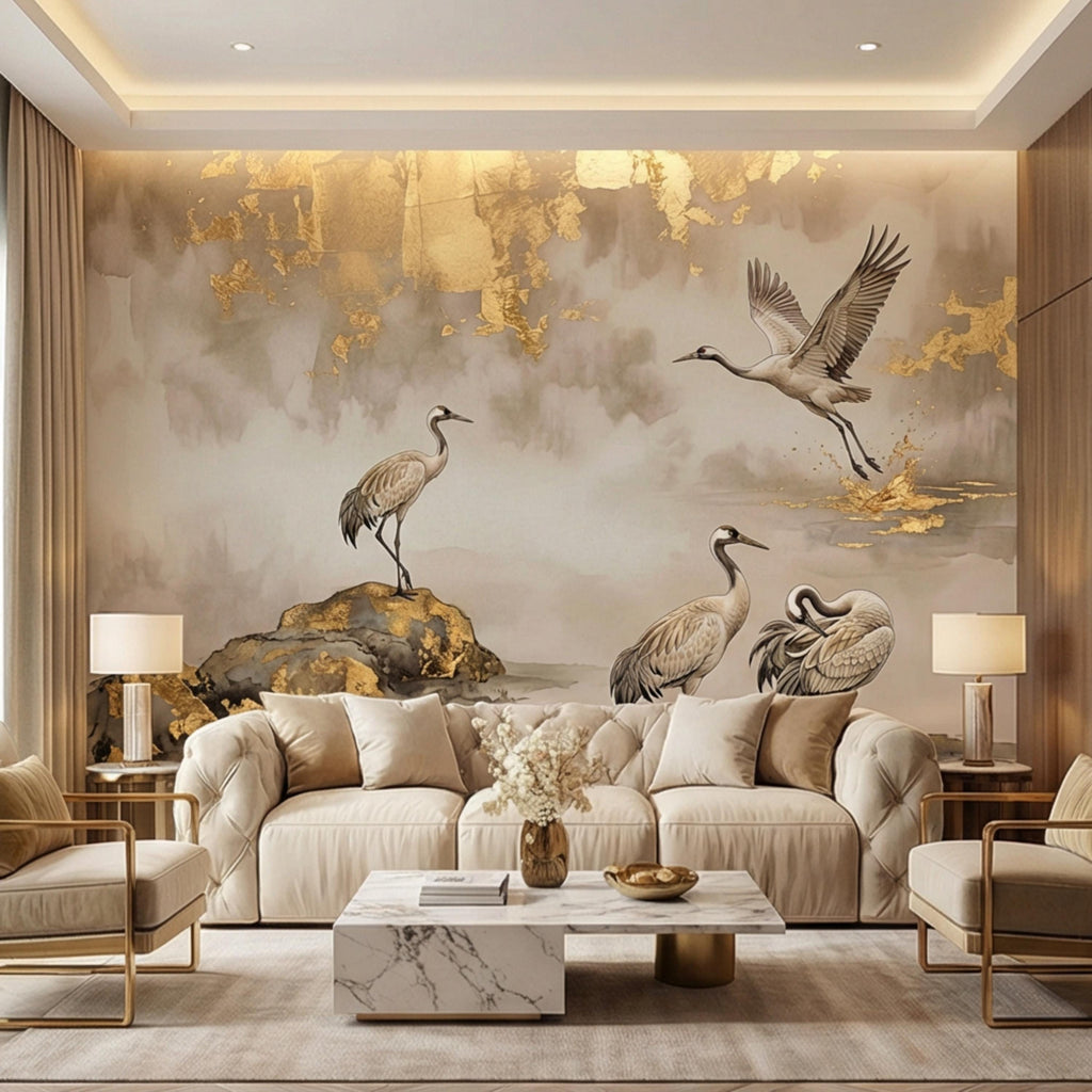 Luxury Neutral Chinoiserie Crane Peel and Stick Wall Mural, Elegant Asian Ink Wash Bird Wallpaper, Sophisticated Nature Wall Decor